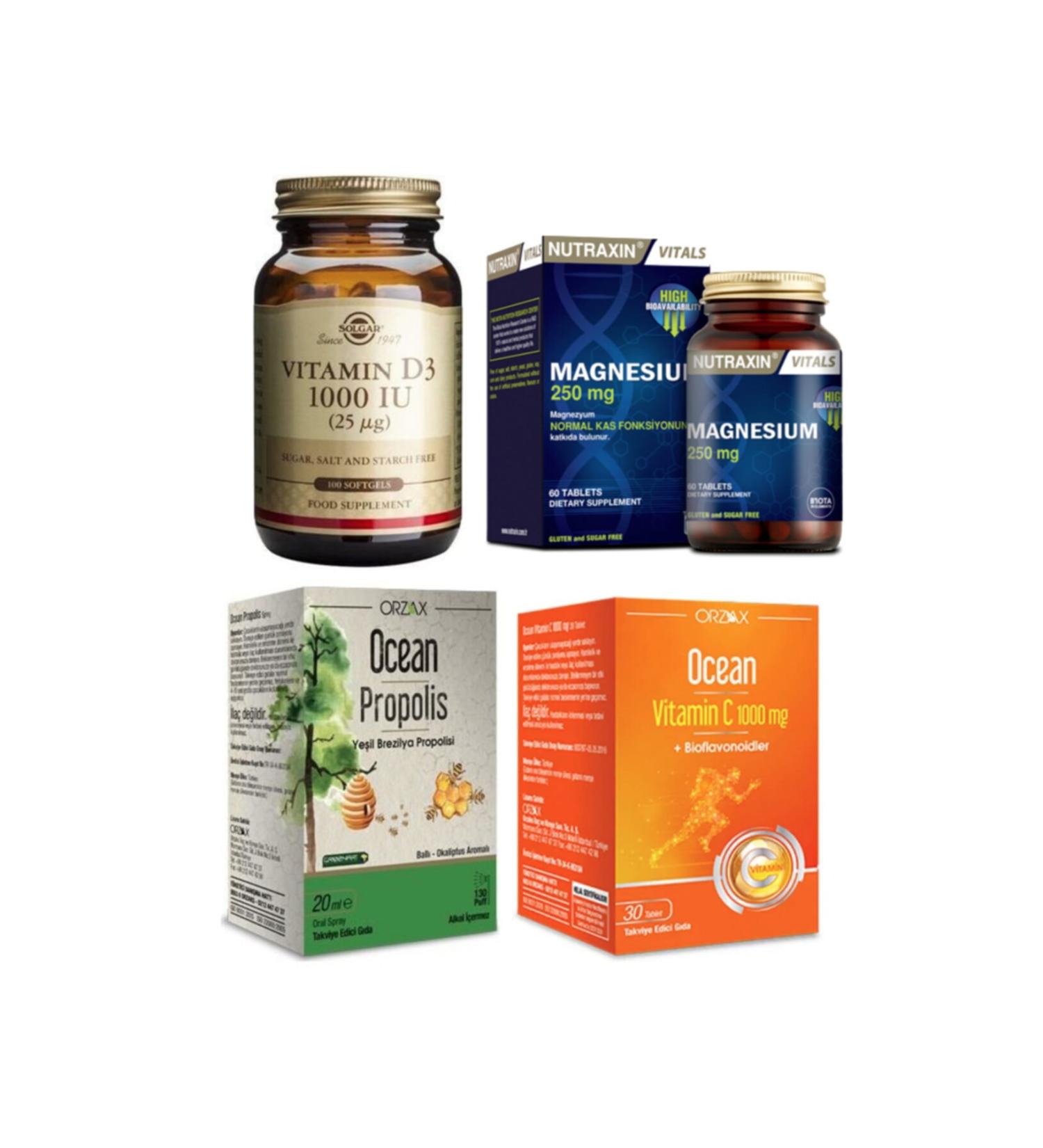 Nutraxin Magnesium 60 T. + Solgar Vitamin D3 100 Capsules + Ocean Propolis Spray 20 Ml + Vitamin C 30 Tablets