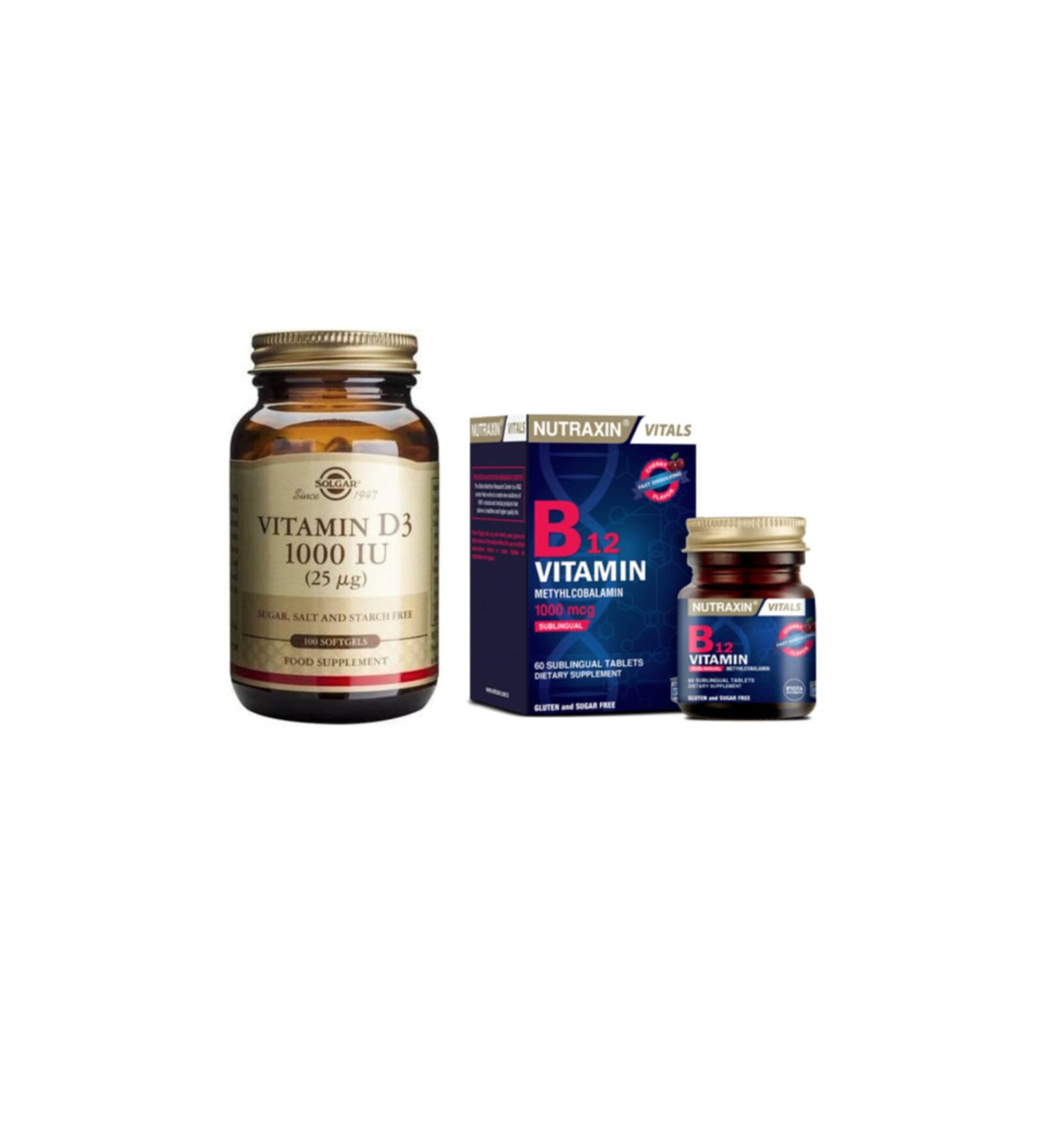 Nutraxin B12 1000 Mcg 60 Sublingual Tablet + Solgar Vitamin D3 1000 Iu 100 Capsules