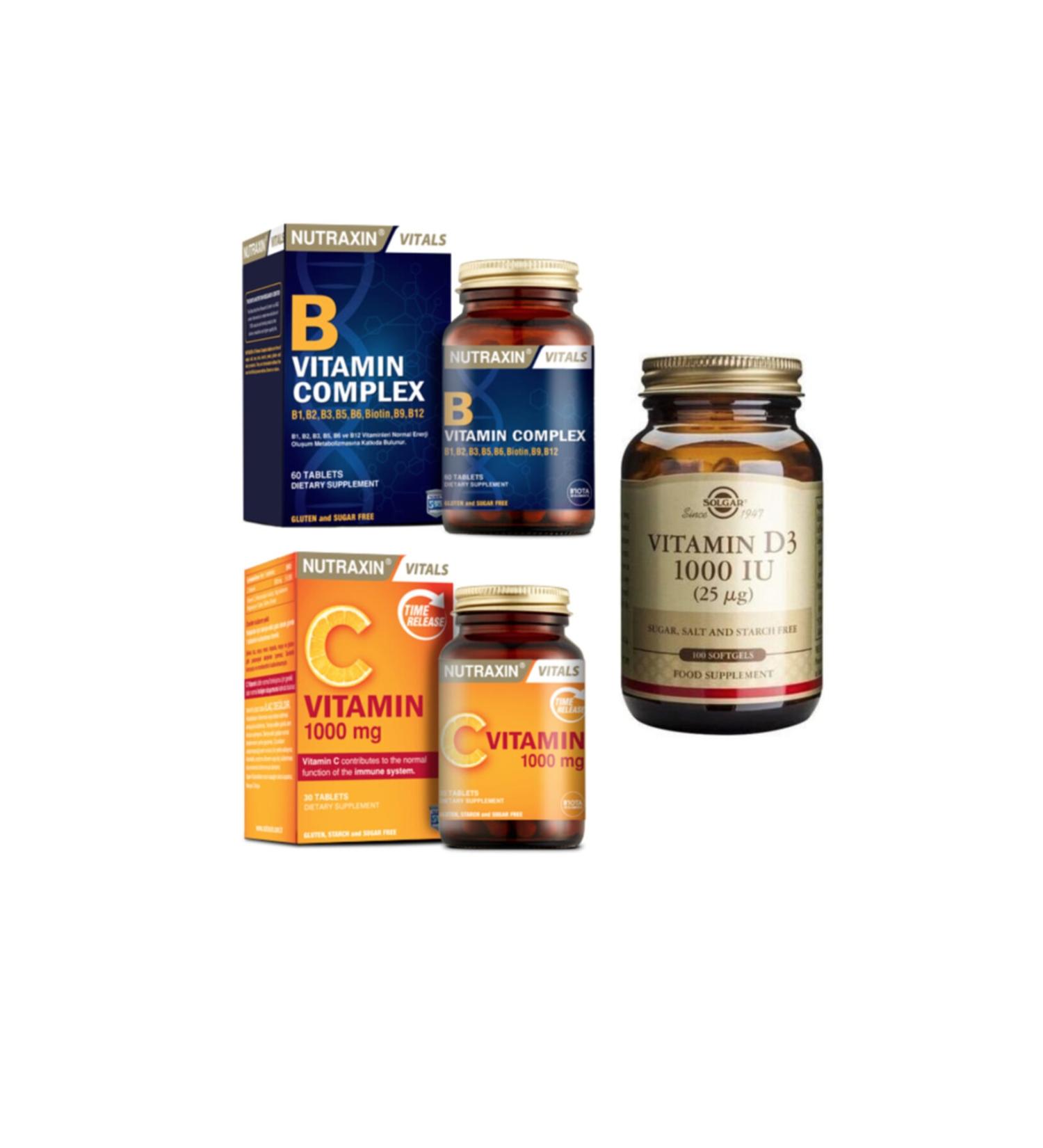Nutraxin B Vitamin Complex 60 Tablets + Vitamin C 1000 Mg 30 Tablets +solgar Vitamin D3 1000 Iu 100 Capsules