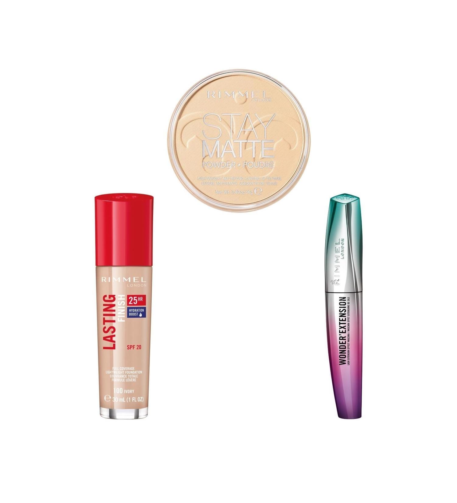 Rimmel London Lasting Finish Foundation 100 Ivory & Stay Matte Powder 01 Transparent & Black Mascara