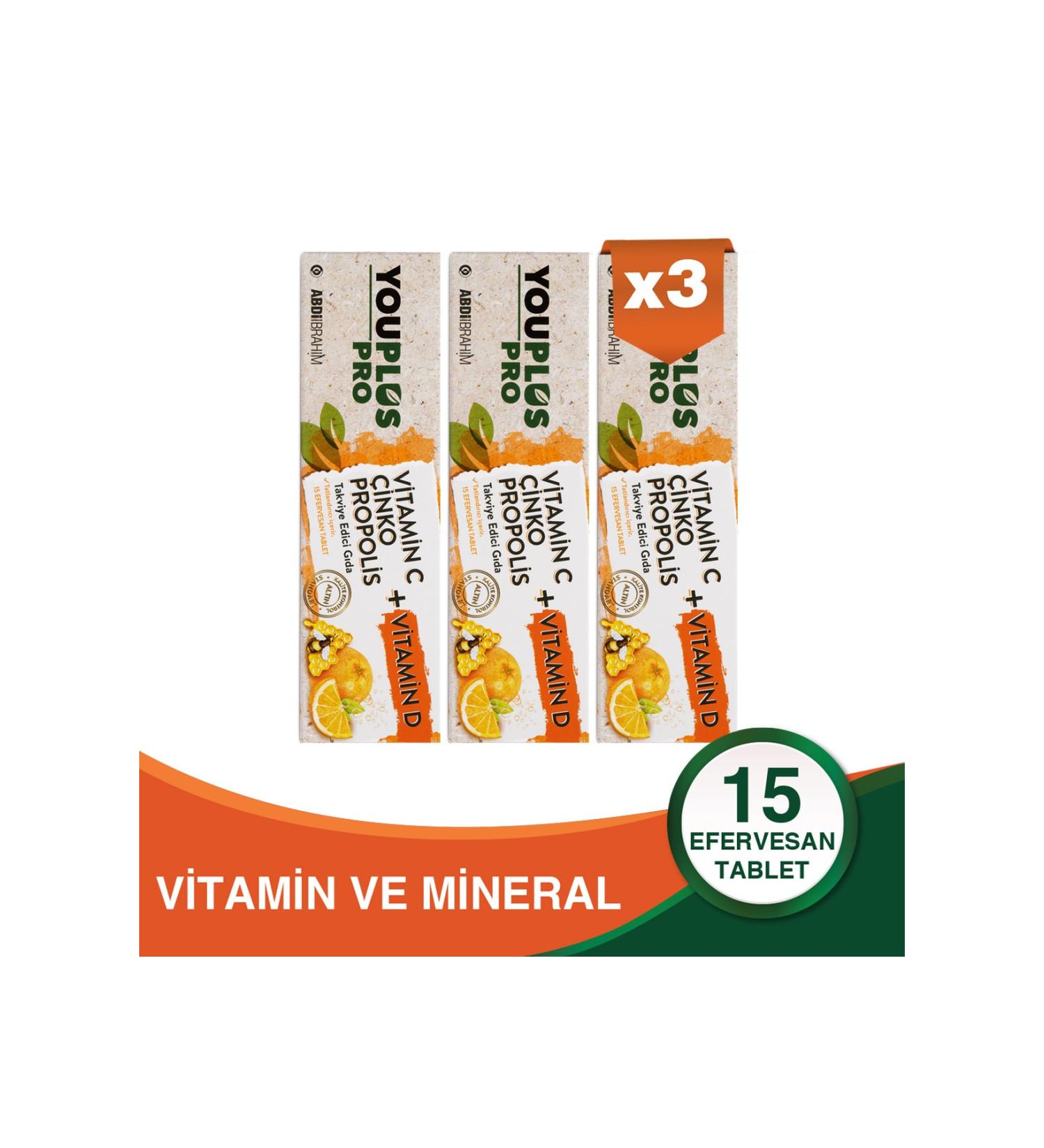 Youplus Pro Vitamin C D Zinc & Propolis 15 Effervescent Tablets 3 Pieces