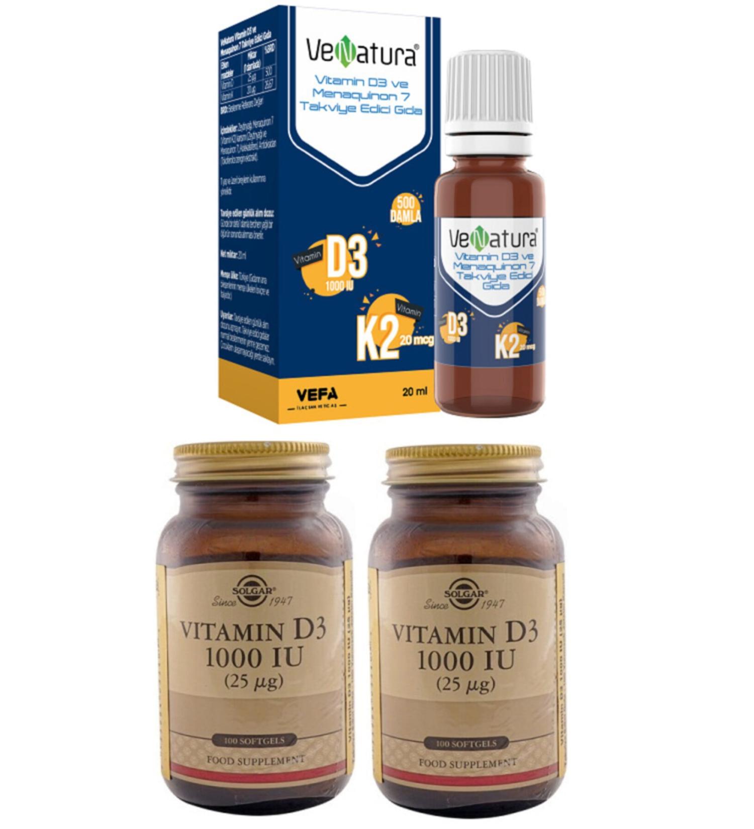 Venatura D3k2 20 Ml Drops (vitamin D 25 Mg-vitamin K 20 Mg) + solgar D3 1000 Iu 100 Softgel Capsule * 2 Pieces