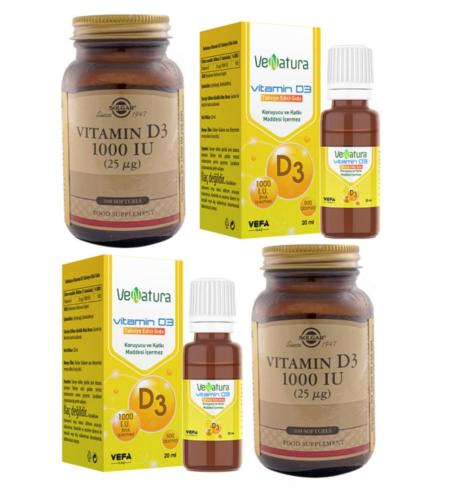 Venatura D3 Drops 1000 Iu 20 Ml*2 Pieces+solgar D3 1000 Iu 100 Softgel Capsules*2 Pieces
