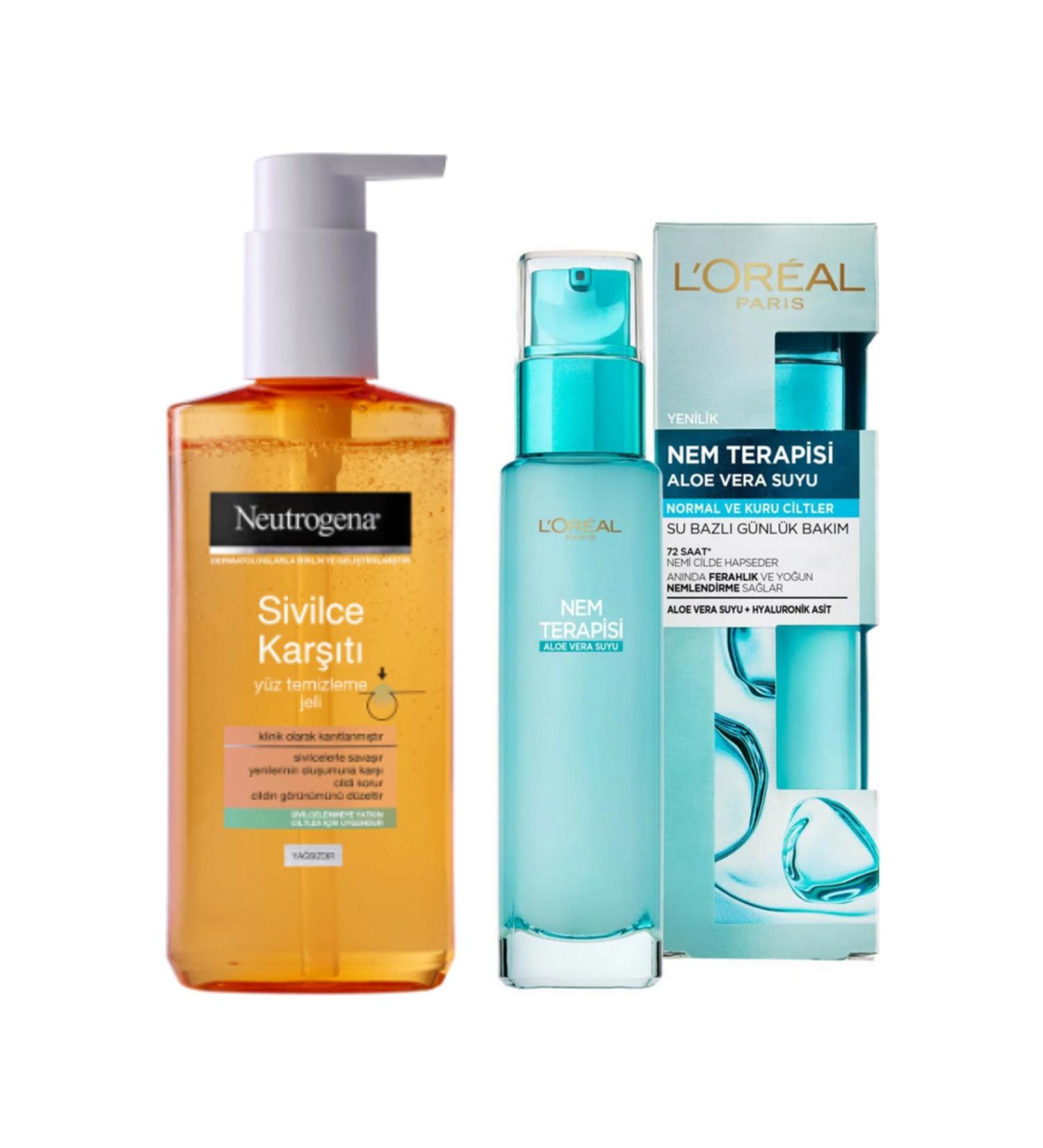 Neutrogena Anti-Acne Facial Cleansing Gel and Loreal Moisture Therapy Aloe Vera Juice Normal and Dry Skin 70ml