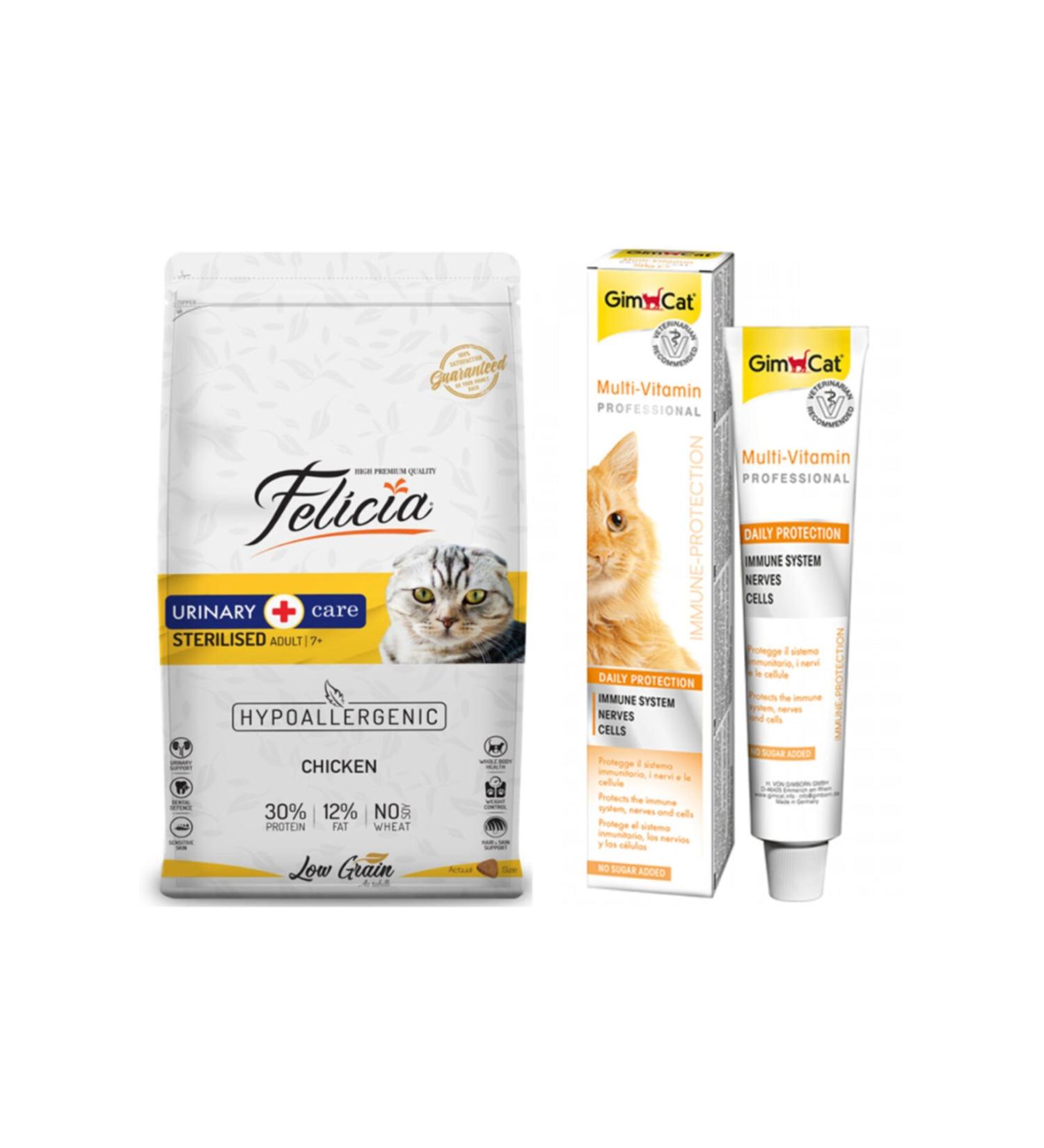 Felicia Low Grain Sterilized +7 Chicken Hypoallergenic Cat Food 2 Kg + Cat Reward Multivitamin 20 Gr