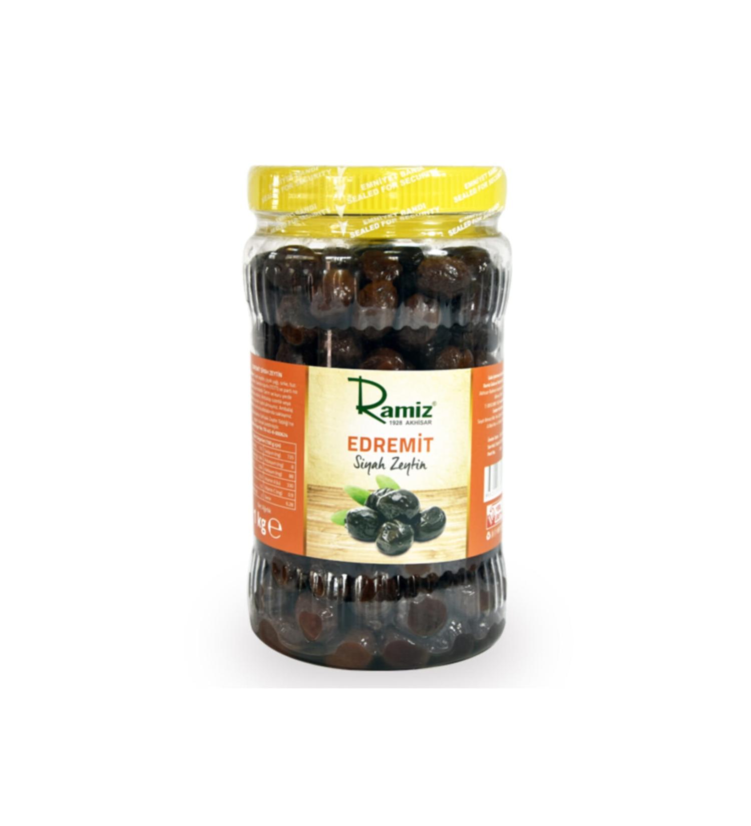 Ramiz Edremit Type Large Size Less Salty Akhisar Black Round Olives 1 KG.
