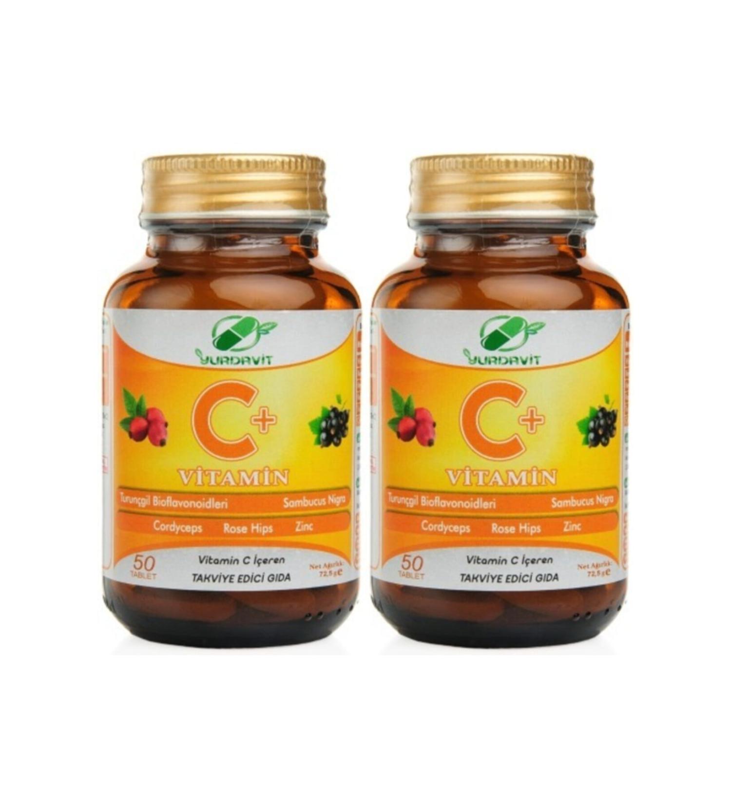 Yurdavit Vitamin C 1000 Mg Rose Hips Sambucus Nigra Zinc Cordyceps Citrus 2 Pieces 50 Tablets