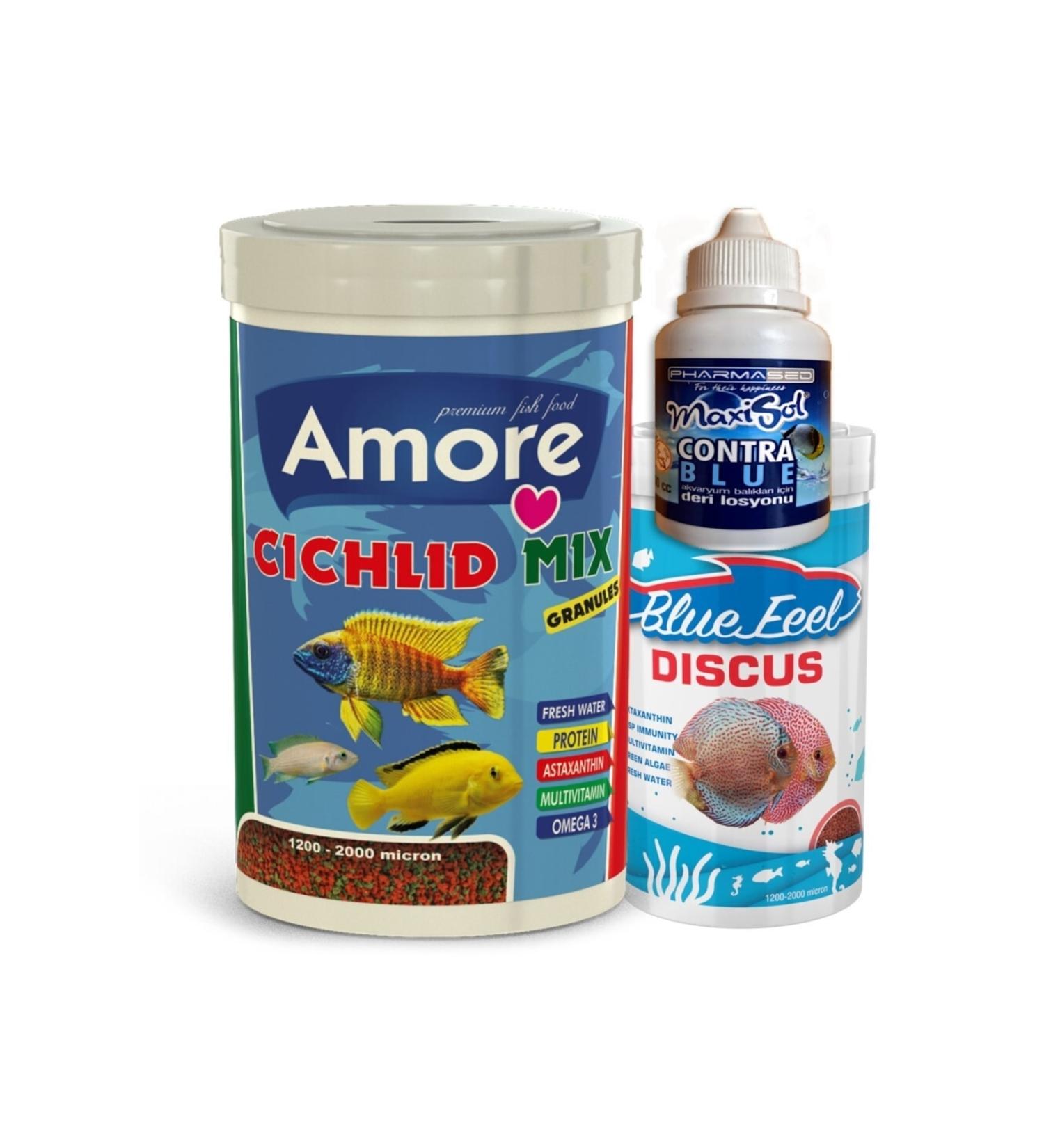 AMORE Cichlid Mix Granules 1000 And 250ml Discus Granules Msp Immunity Cichlid Malawi Fish Food Blue Feel