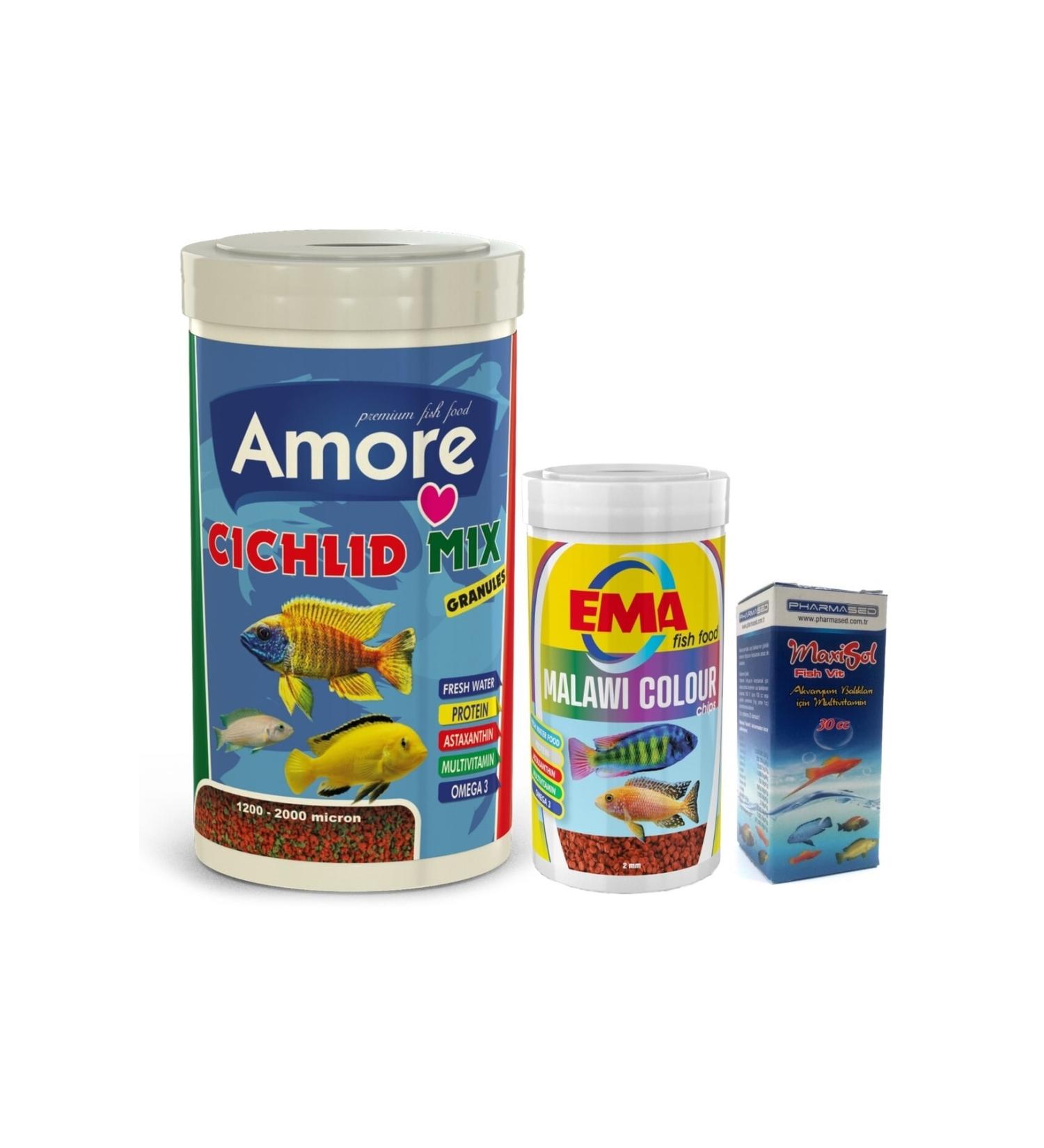 AMORE Cichlid Mix Granules 1000 And 250ml Malawi Cichlid Color Coloring Fish Food Vitamin Set Ema