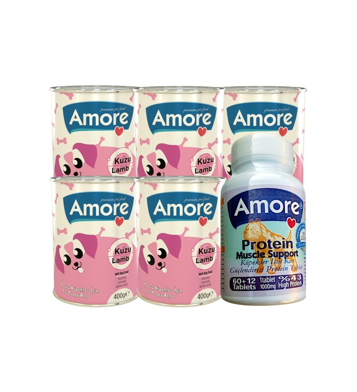 AMORE Lamb Meat Puppy Canned Food 5 Pieces and Muscle Support 72 Pieces Protein Vitamin Xl Tablet Muscle