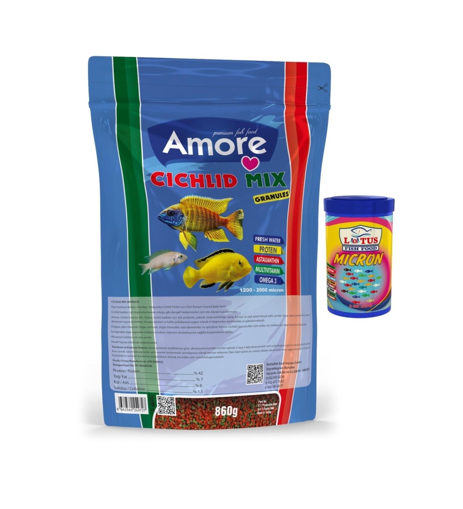 AMORE Cichlid Mix Granules 860gr Red Green Algae Spirulina Protein Fish Food and 100 ml Fry Food Lotus