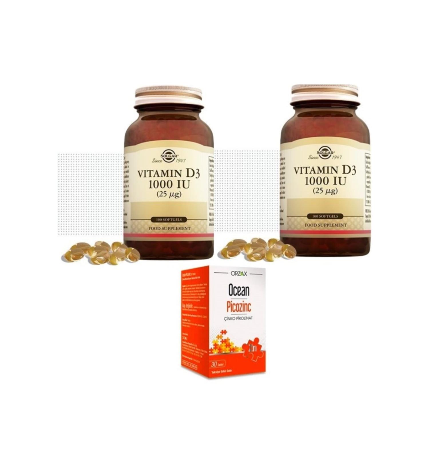 Solgar D3 Vitamin 100 Softgel Capsules*2 Pieces + Zinc Containing Picozing 30 Capsules