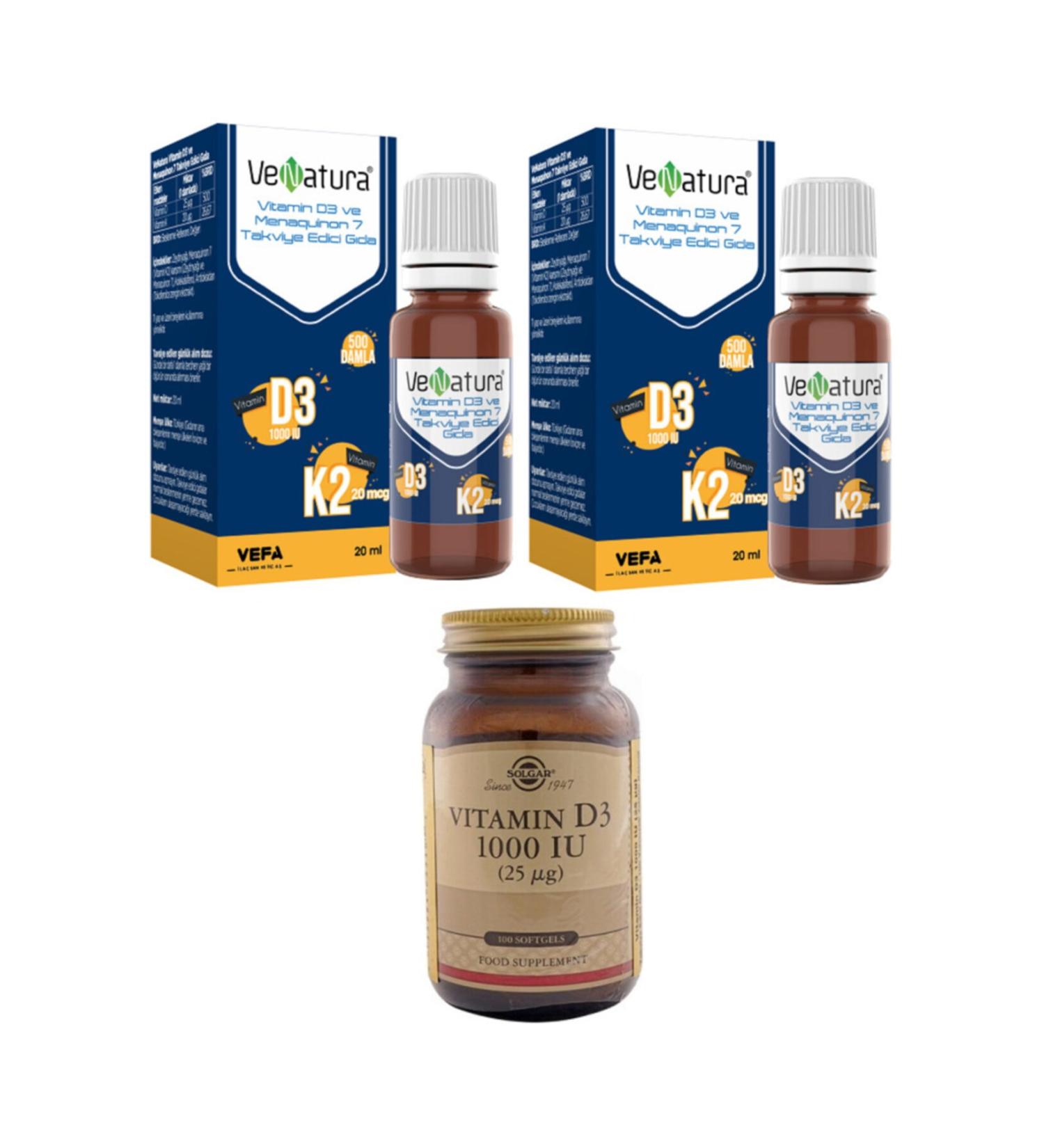 Venatura D3k2 20 Ml Drops (vitamin D 25 Mg-vitamin K 20 Mg)*2 Pieces+solgar D3 1000 Iu 100 Softgel Capsules
