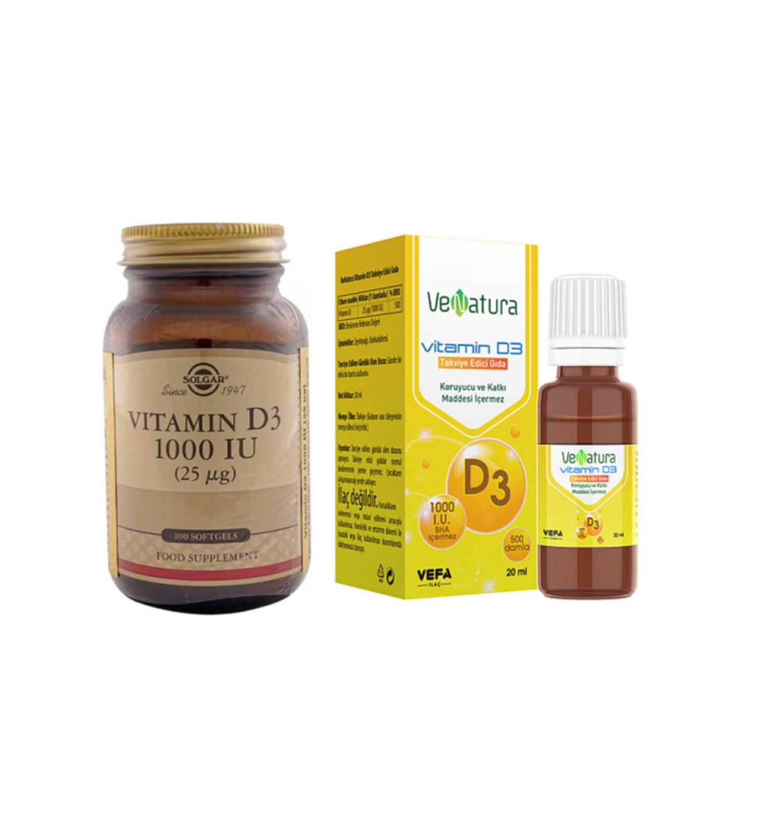 Venatura D3 Drop 1000 Iu 20 Ml+solgar D3 1000 Iu 100 Softgel Capsule