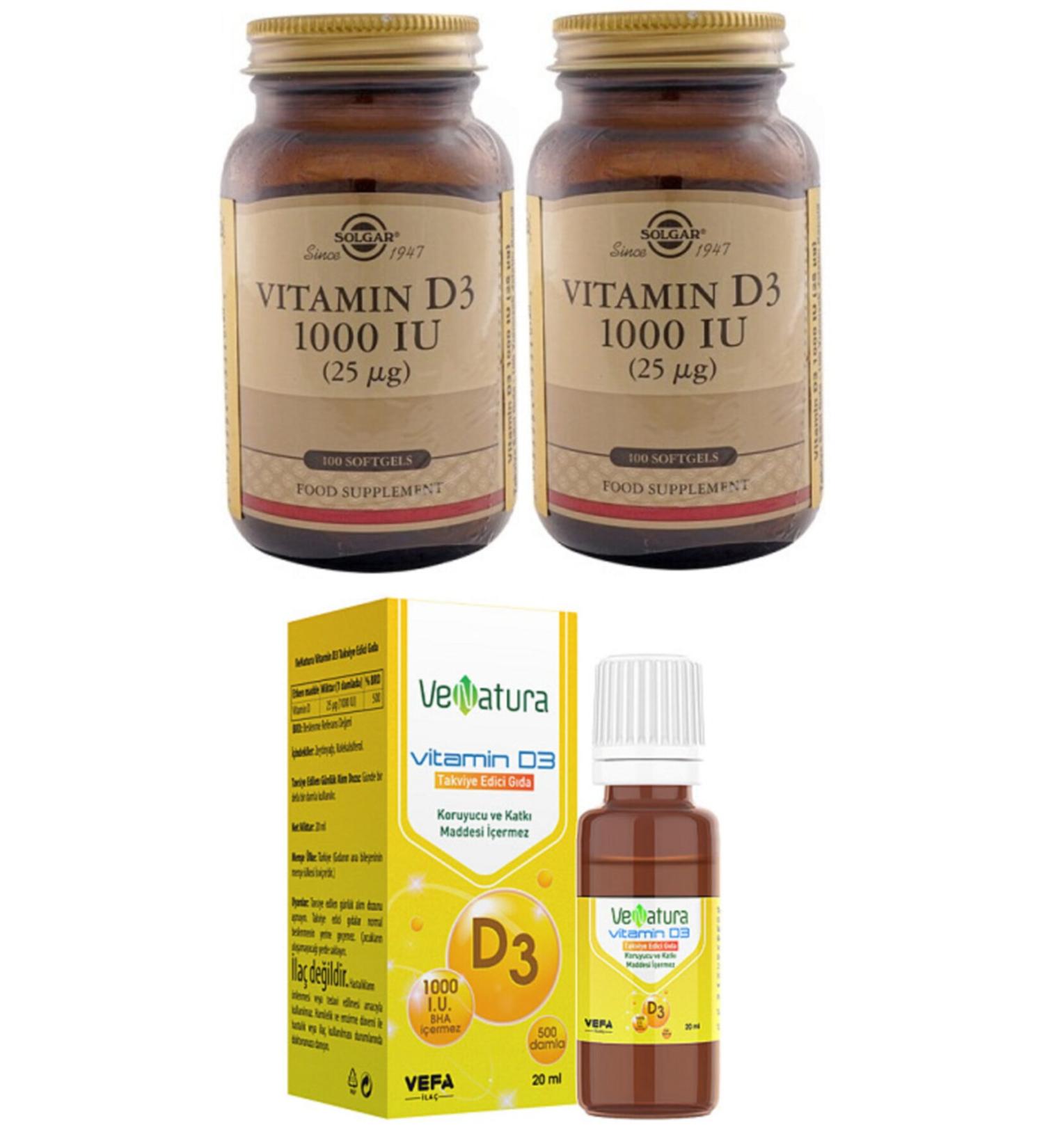 Venatura D3 Drop 1000 Iu 20 Ml+solgar D3 1000 Iu 100 Softgel Capsule*2 Pieces