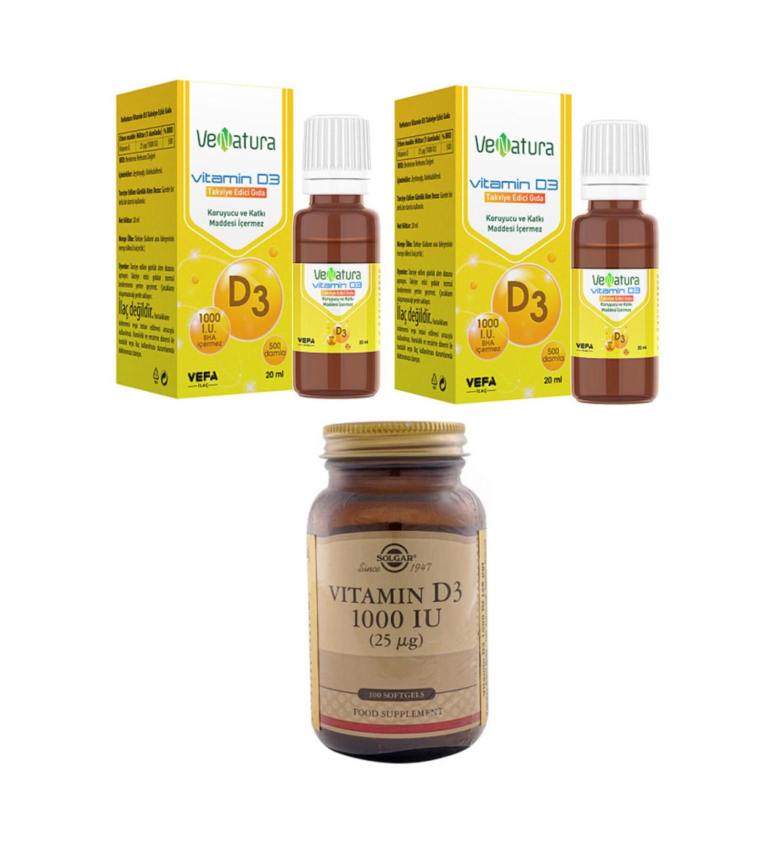 Venatura D3 Drop 1000 Iu 20 Ml*2 Pieces+solgar D3 1000 Iu 100 Softgel Capsule