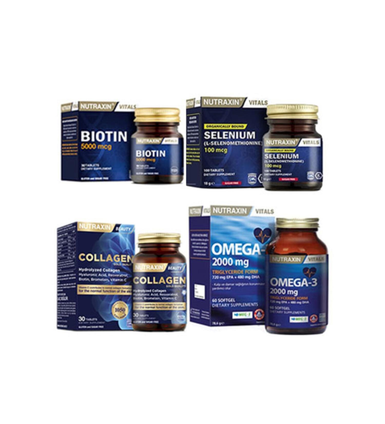 Nutraxin Biotin 30 Tablets & Collagen 30 Tablets & Omega-3 2000 Mg & Selenium