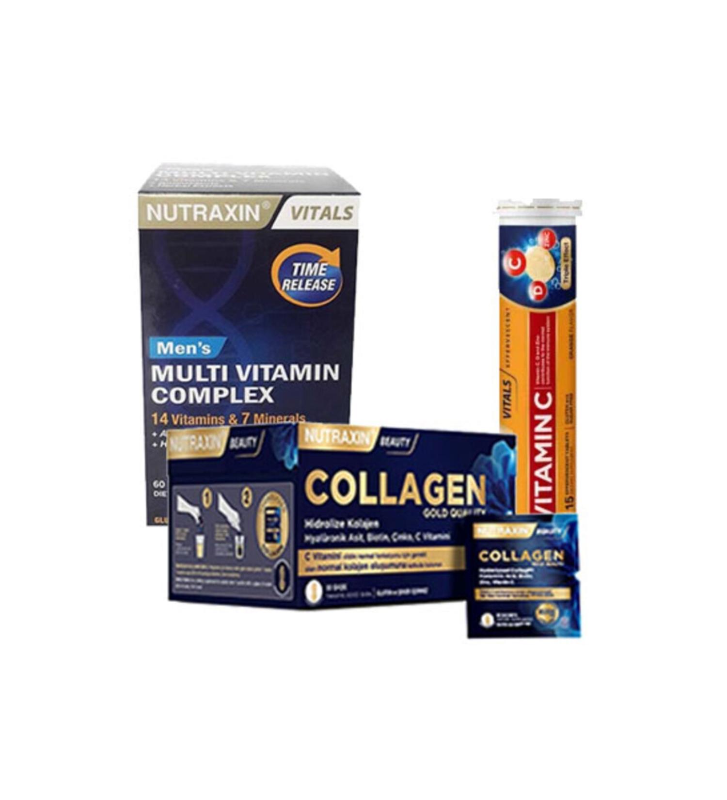 Nutraxin Gold Collagen 10 Sachet & Vitamin CD Zinc Effervescent Tablet & Men's Multivitamin Complex
