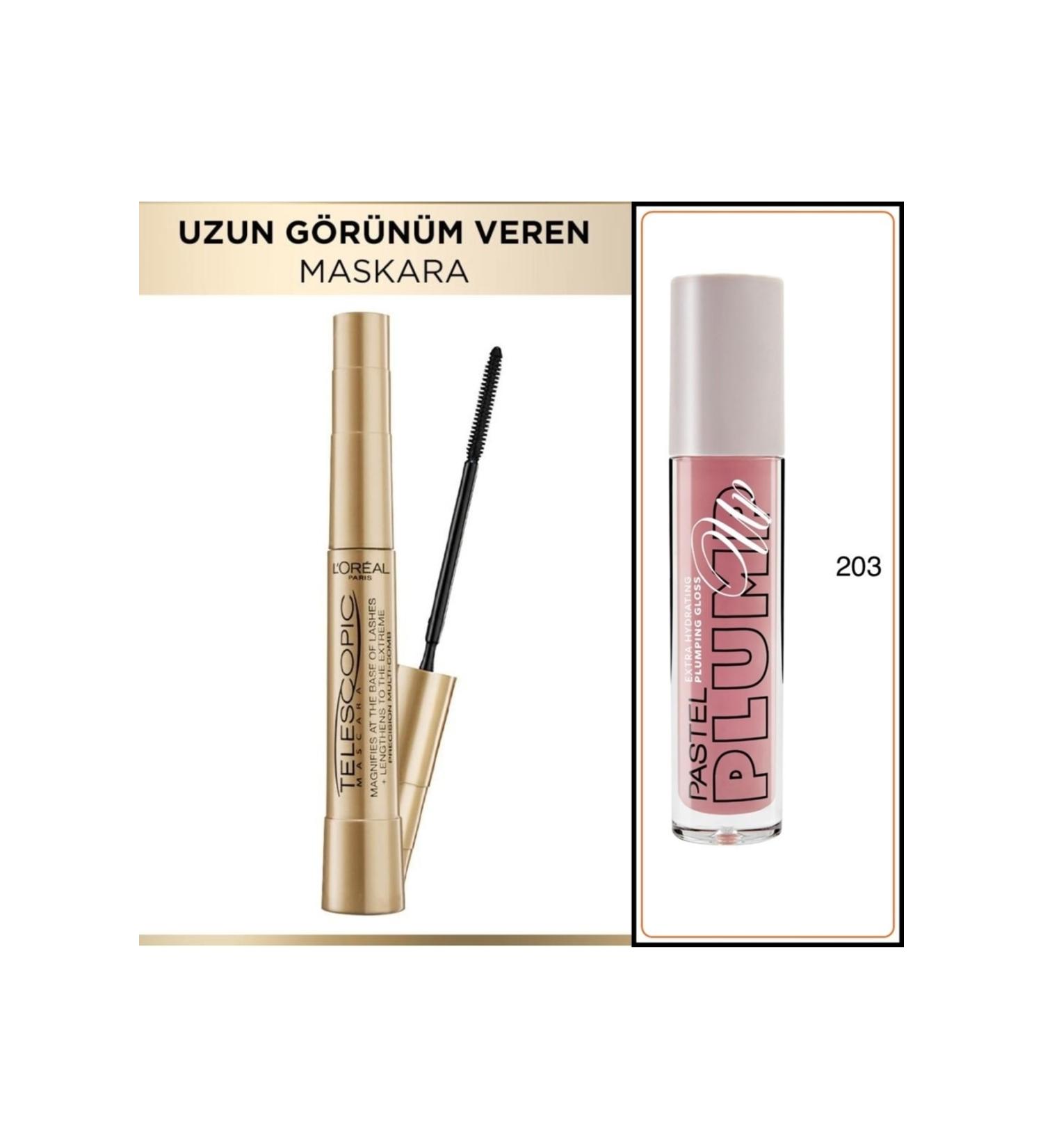 Pastel Plump Up Extra Hydrating Plumping Gloss No:203 New + L'oreal Telescopic Mascara