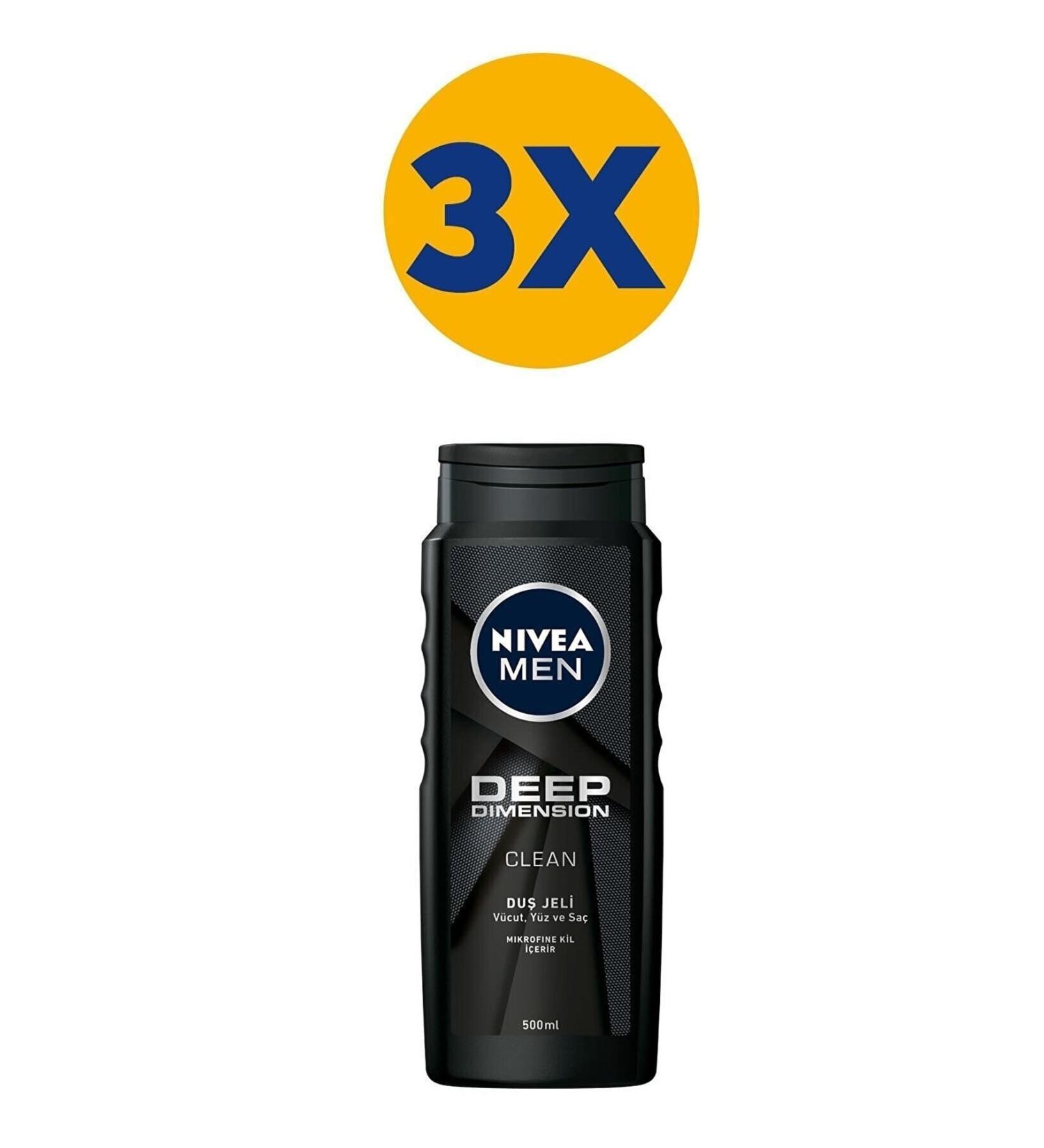 NIVEA Men Deep Dimension Bath Shower Gel & Shampoo in One 500 Ml X3 Pieces Body face. hair