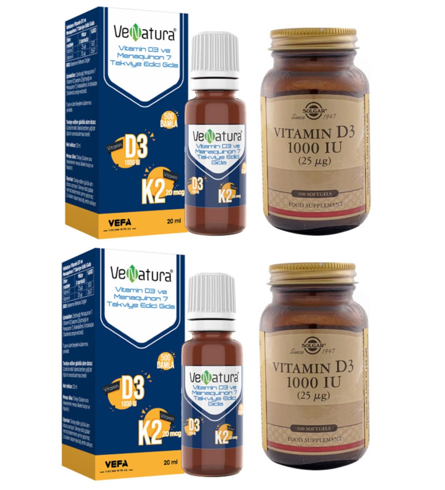 Venatura D3k2 20 Ml Drops (vitamin D 25 Mg-vitamin K 20 Mg)*2 Pieces + Solgar D3 1000 Iu 100 Softgel Capsules*2 Pieces