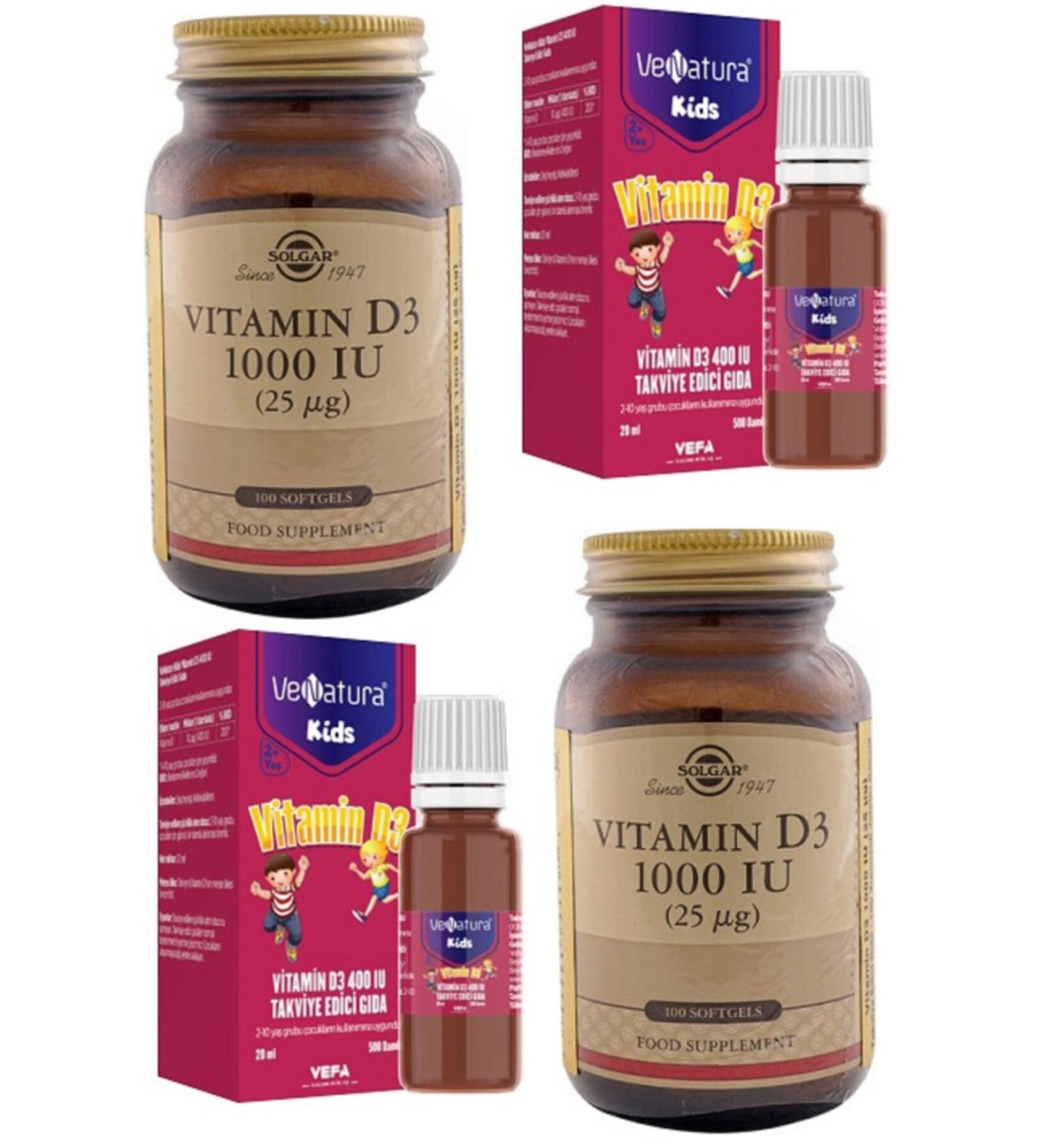 Venatura Kids Vitamin D3 20 Ml Drops*2 Pieces+solgar D3 1000 Iu 100 Softgel Capsules*2 Pieces