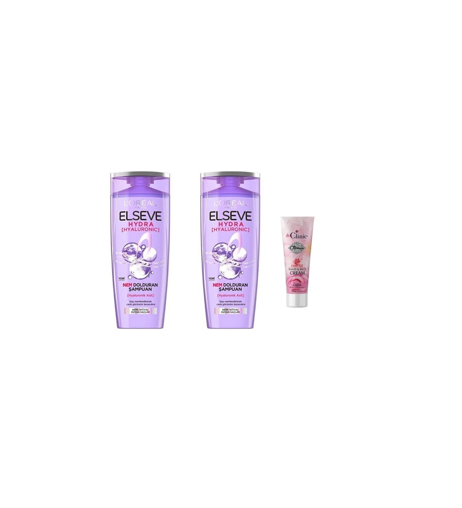 Elseve L'or al Paris Hydra hyaluronic Moisture Filling Shampoo 390ml 2 X Pieces + Hand Cream Gift