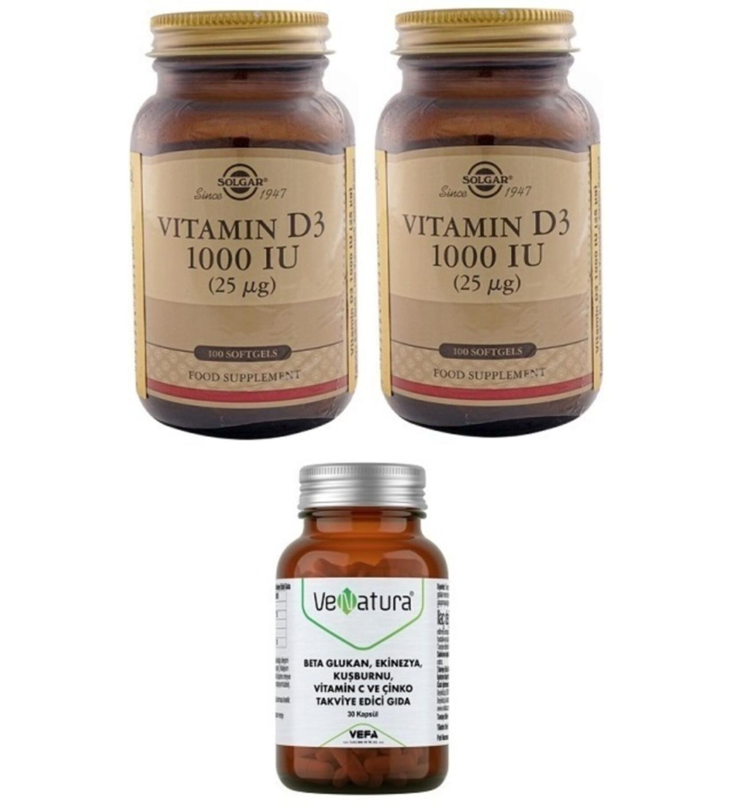 Solgar Beta Glucan Echinacea Rosehip Vitamin C 30 Capsules + D3 1000 Iu 100 Capsules*2 Pieces
