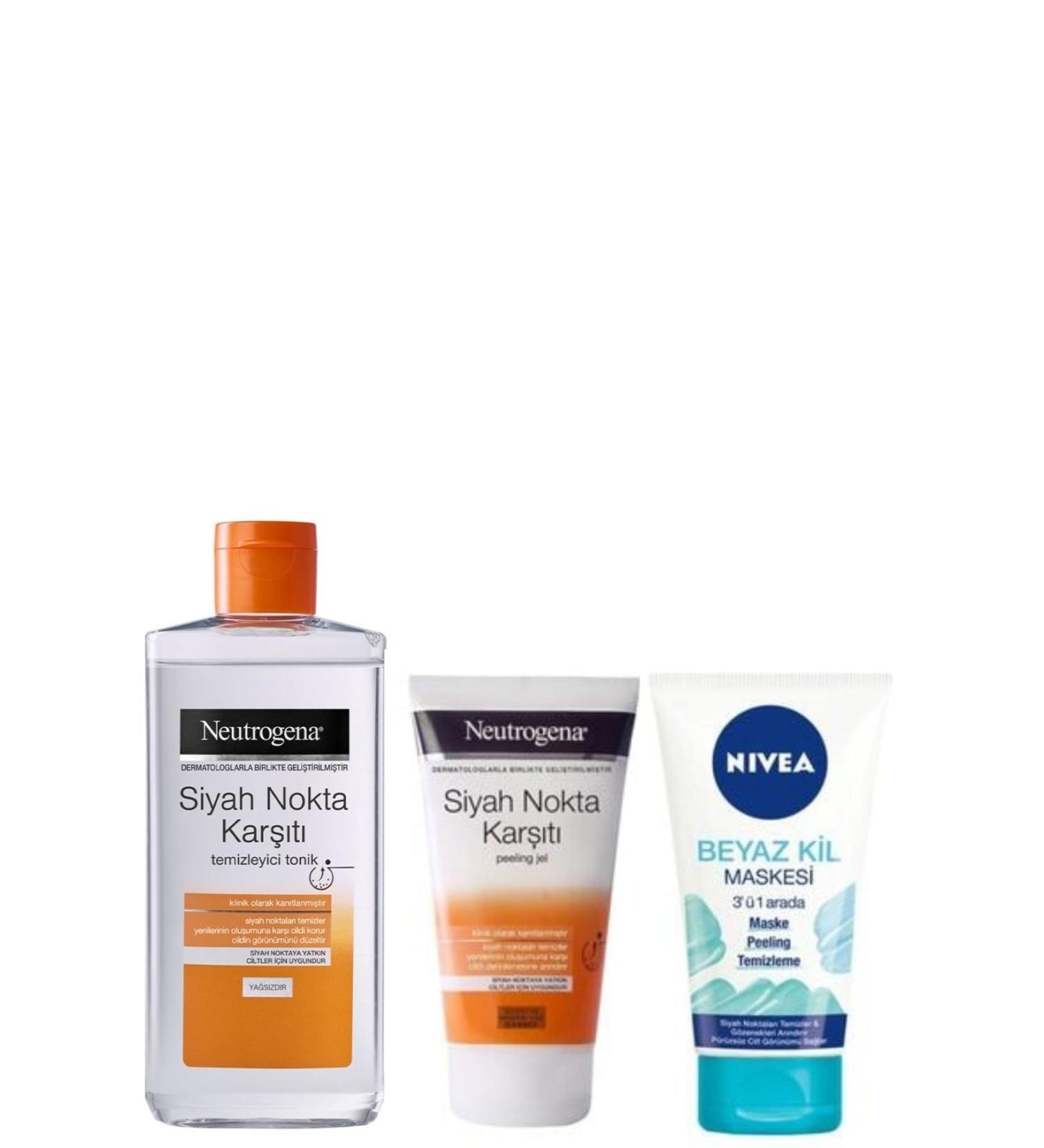 Neutrogena Blackhead Cleanser Tonic 200ml & Anti-Blackhead Peeling Gel 150ml & Nivea White Clay Mask 150ml