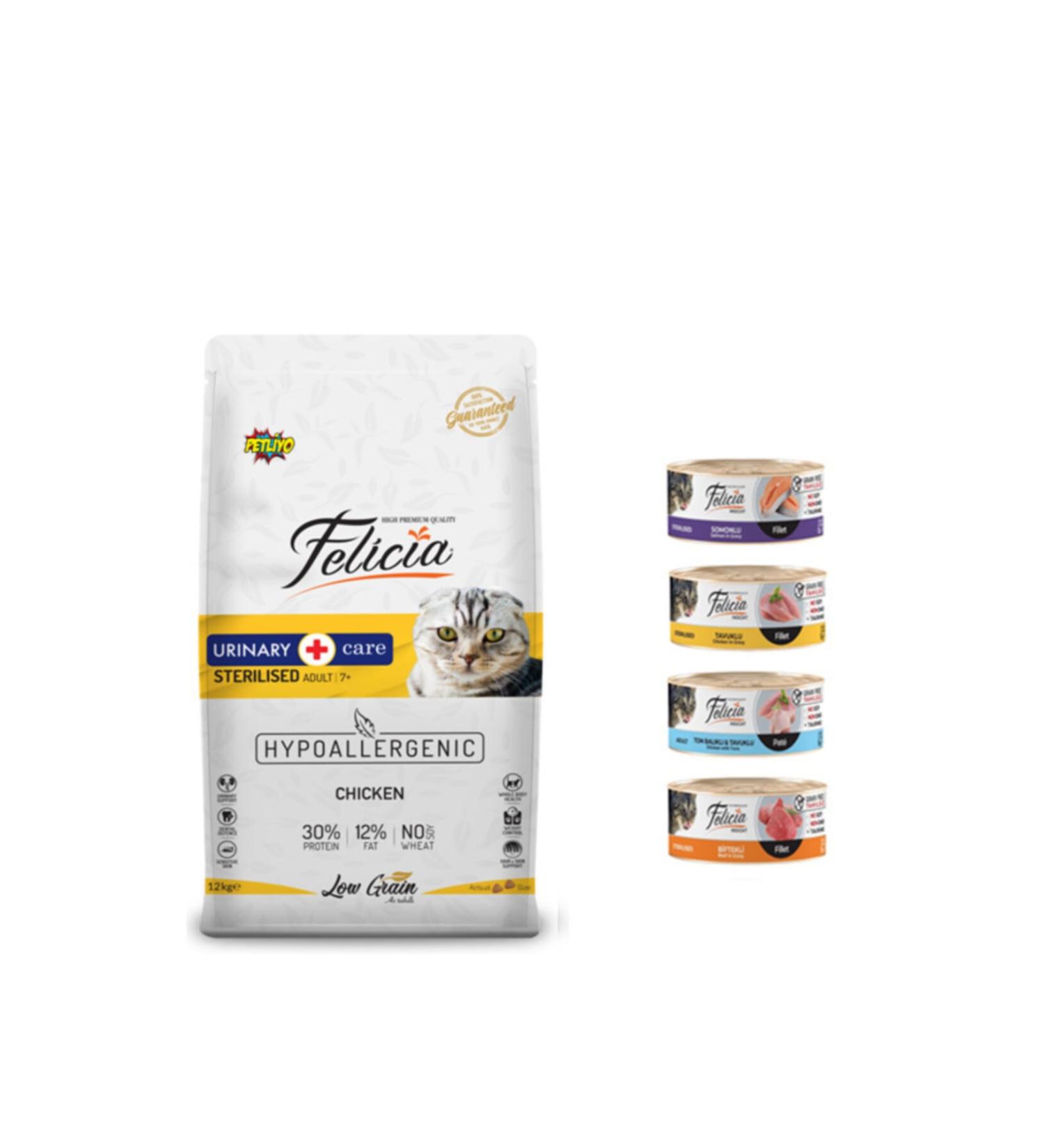 Felicia Sterilized Chicken Cat Food 12 Kg + 4 Pieces Wet Food - Petliyo