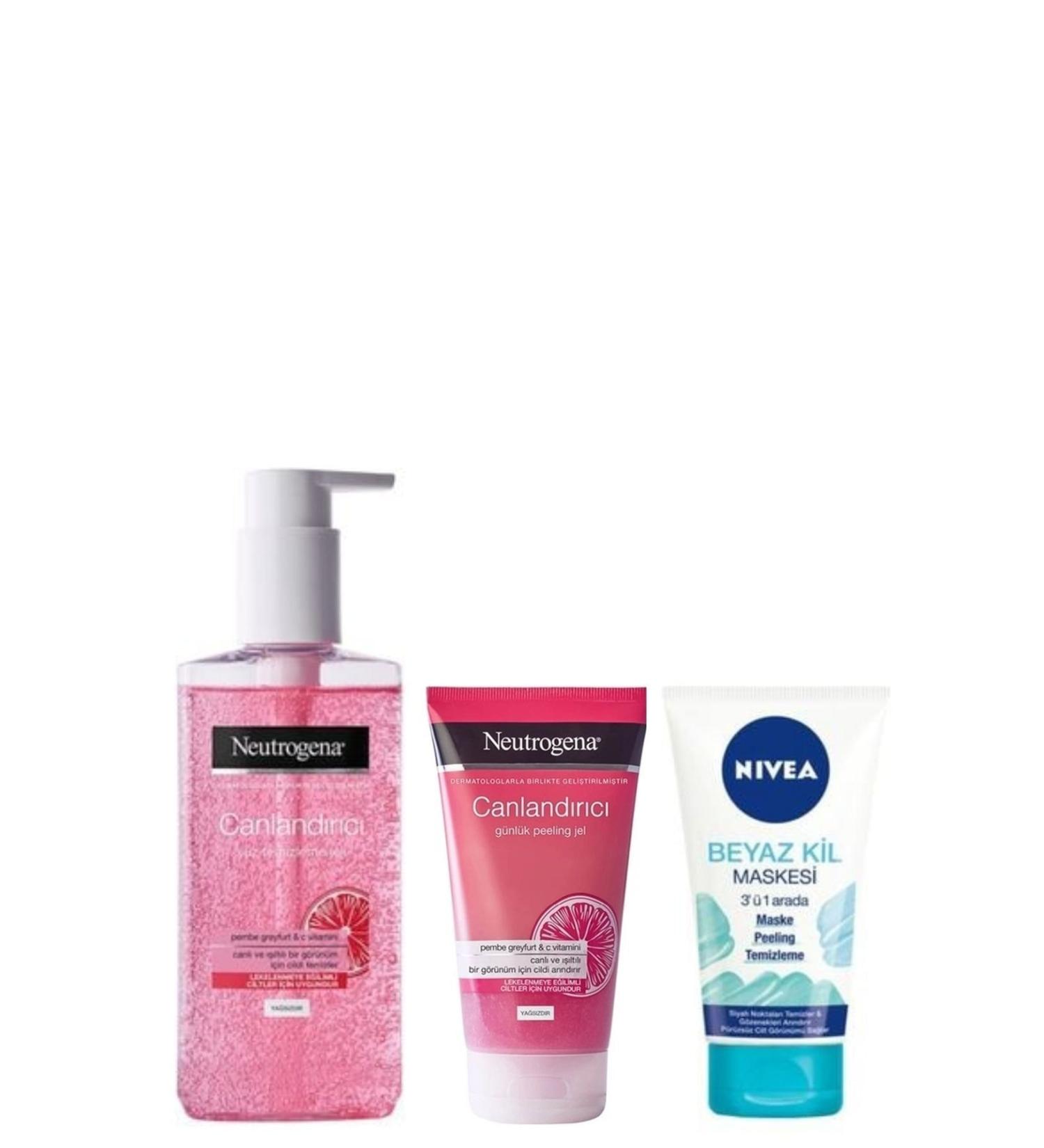 Neutrogena Revitalizing Face Clean. Gel 200ml&visibly Clear Pink Peeling Gel 150ml&nivea White Clay Mask 150ml