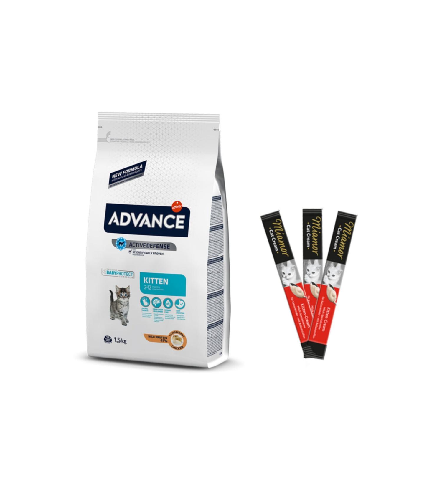 Advance Cat Kitten 1.5 kg Kitten Food + 3 Miamor Kitten Cream Reward Sticks