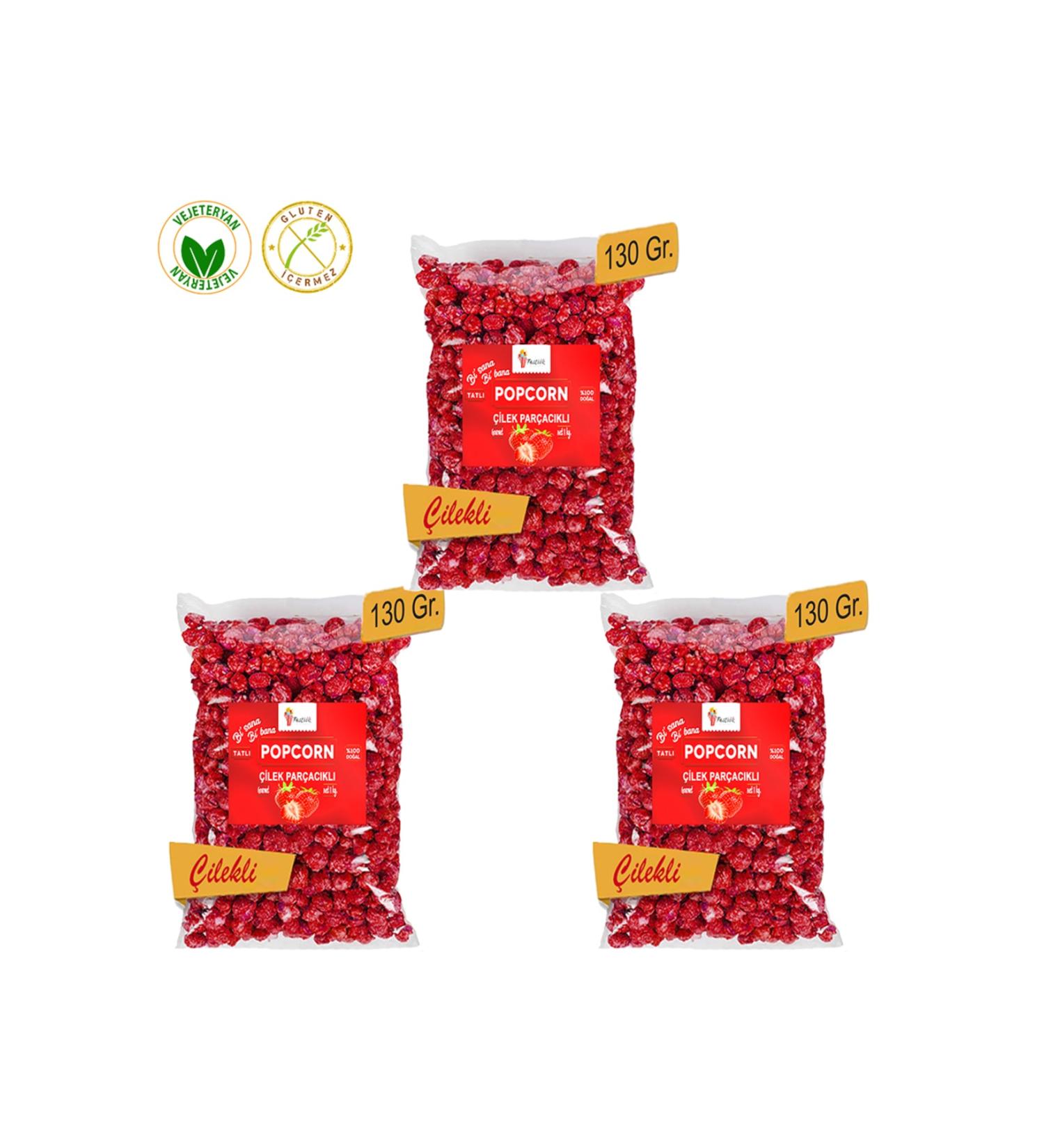 Festiva 3 Pack Natural Strawberry Piece Caramel Popcorn / Popcorn 130 gr.