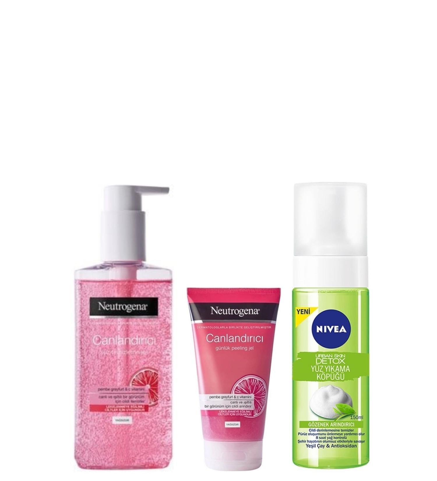 Neutrogena Revitalizing Face Clean.gel 200ml&visibly Pink Peeling Gel 150ml&nivea Detox Face Wash Foam.150ml