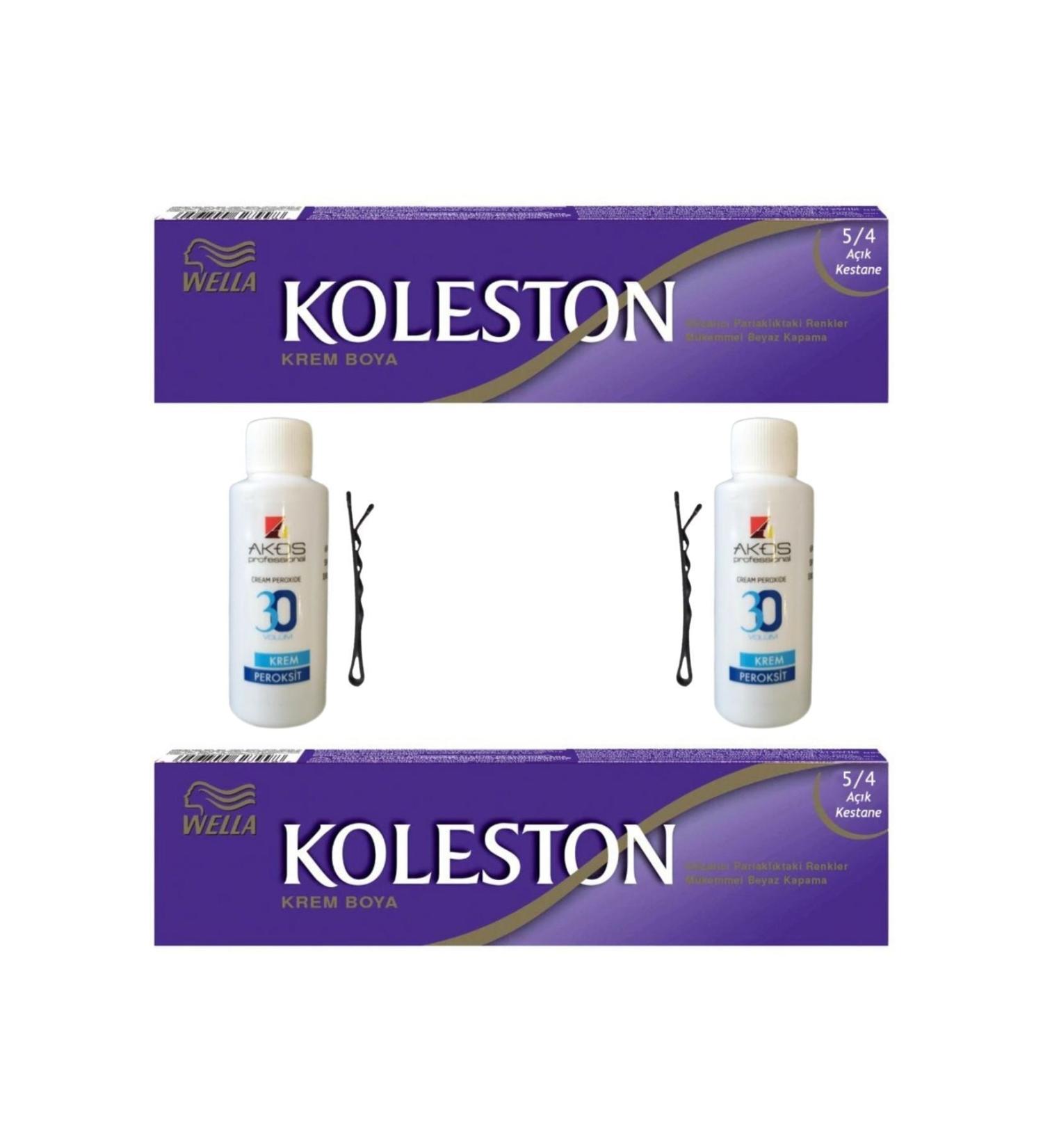 Wella Tube Hair Dye Light Chestnut 5/4 X 2 Pieces + Akos 30 Volume Oxidant 2 Pieces