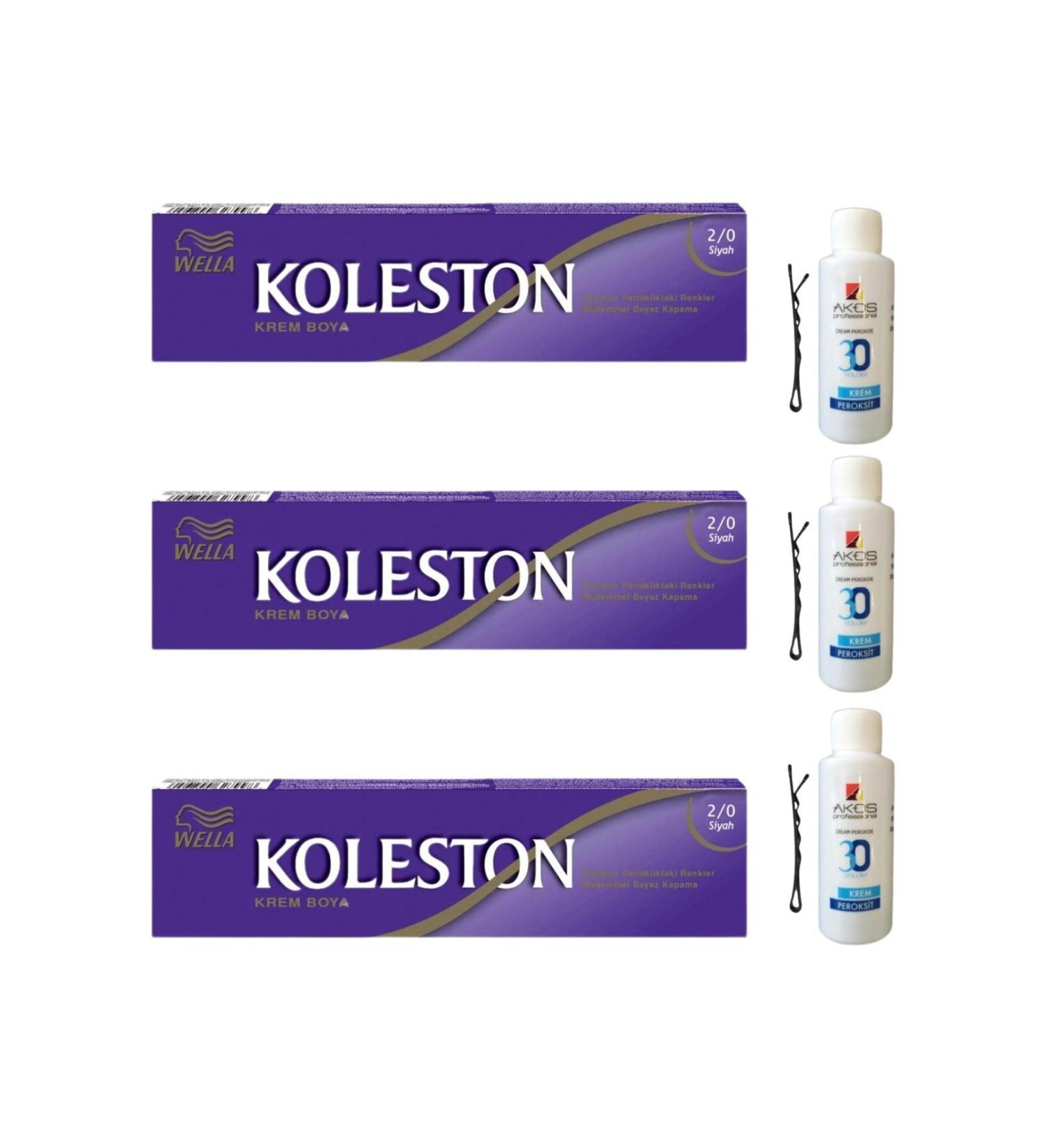 Wella Tube Hair Dye Black 2/0 X 3 Pieces + Akos 30 Volume Oxidant 3 Pieces