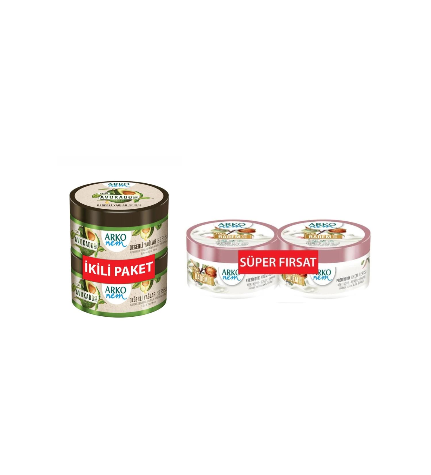 Arko Nem Avocado Oil Hand and Body Cream 250 Ml + 250 Ml + Prebiotic Almond Milk 250+250 Ml