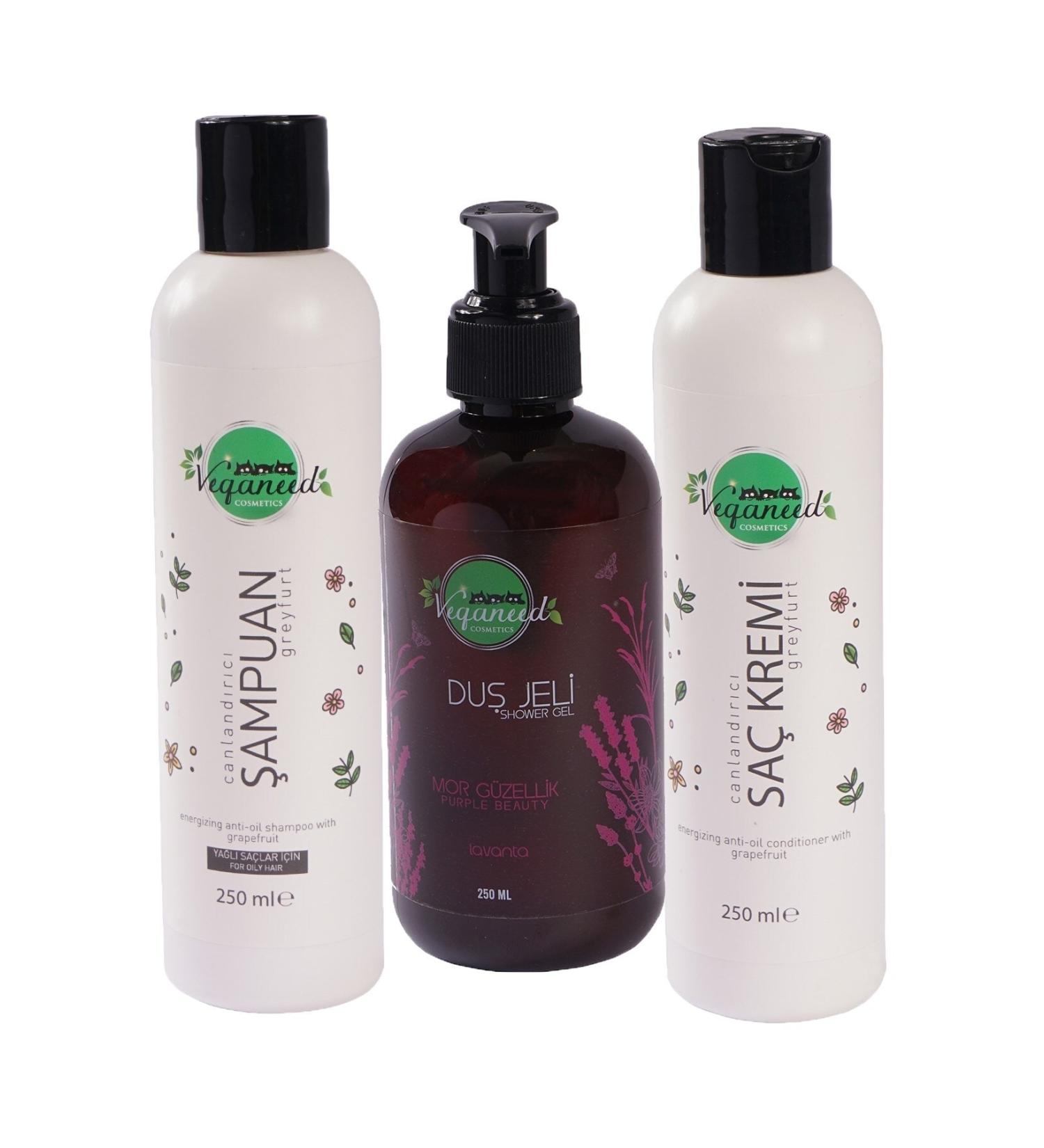 Veganeed Revitalizing Vegan Shampoo Grapefruit & Conditioner & Shower Gel Lavender | Oily Hair | 3 X 250 Ml