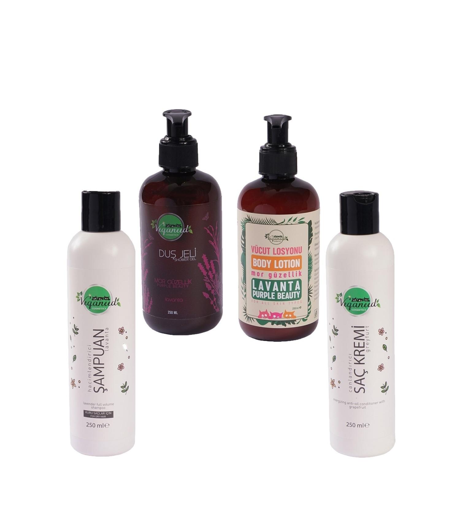 Veganeed Vegan Full Purple Set: Lavender Flavored Shampoo & Shower Gel & Body Lotion | Conditioner (grapefruit Flavored)