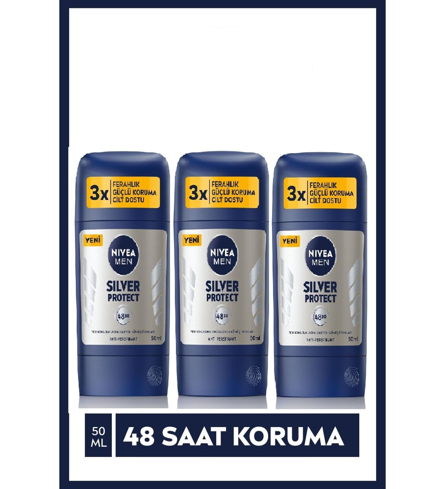 NIVEA Men's 48-Hour Anti-Perspiration Silver Protect Stick 50 Ml X 3 Pieces