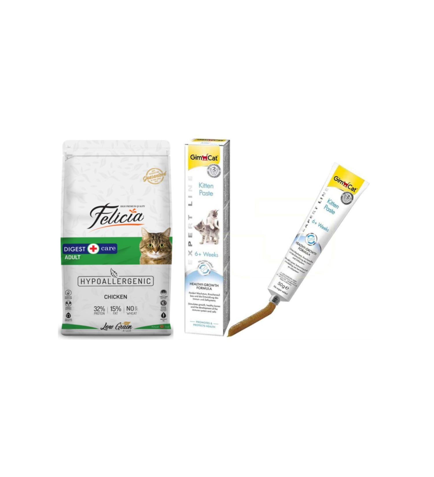 Felicia Low Grain Adult Chicken Hypoallergenic Cat Food 2 Kg + Gimcat Kitten Paste Cat Paste 50 gr