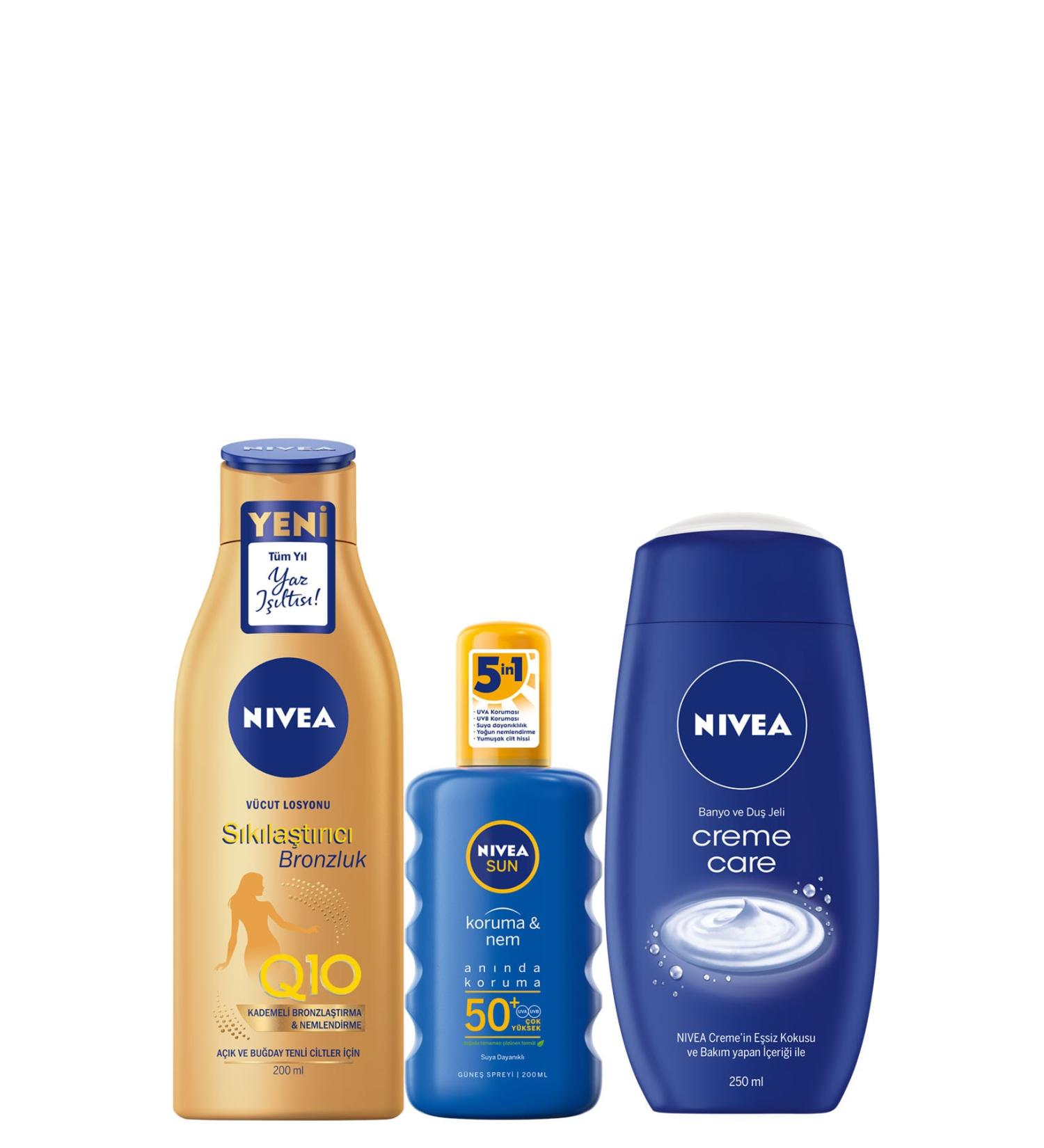 NIVEA Sun Spray Spf50+ 200 ml & Firming Body Lotion 200 ml & Cr me Care Shower Gel 250 ml