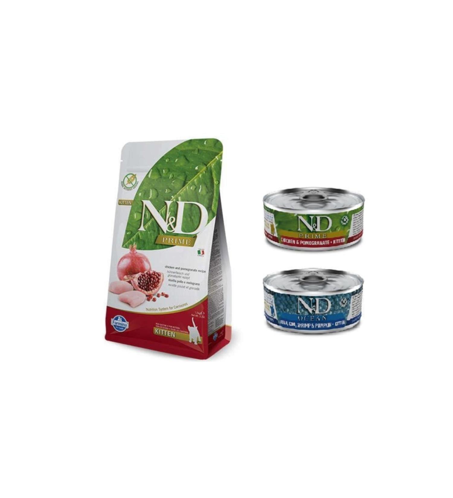 N & D Kitten Chicken Pomegranate Kitten Cat Food 1.5 Kg + 2-mix Canned