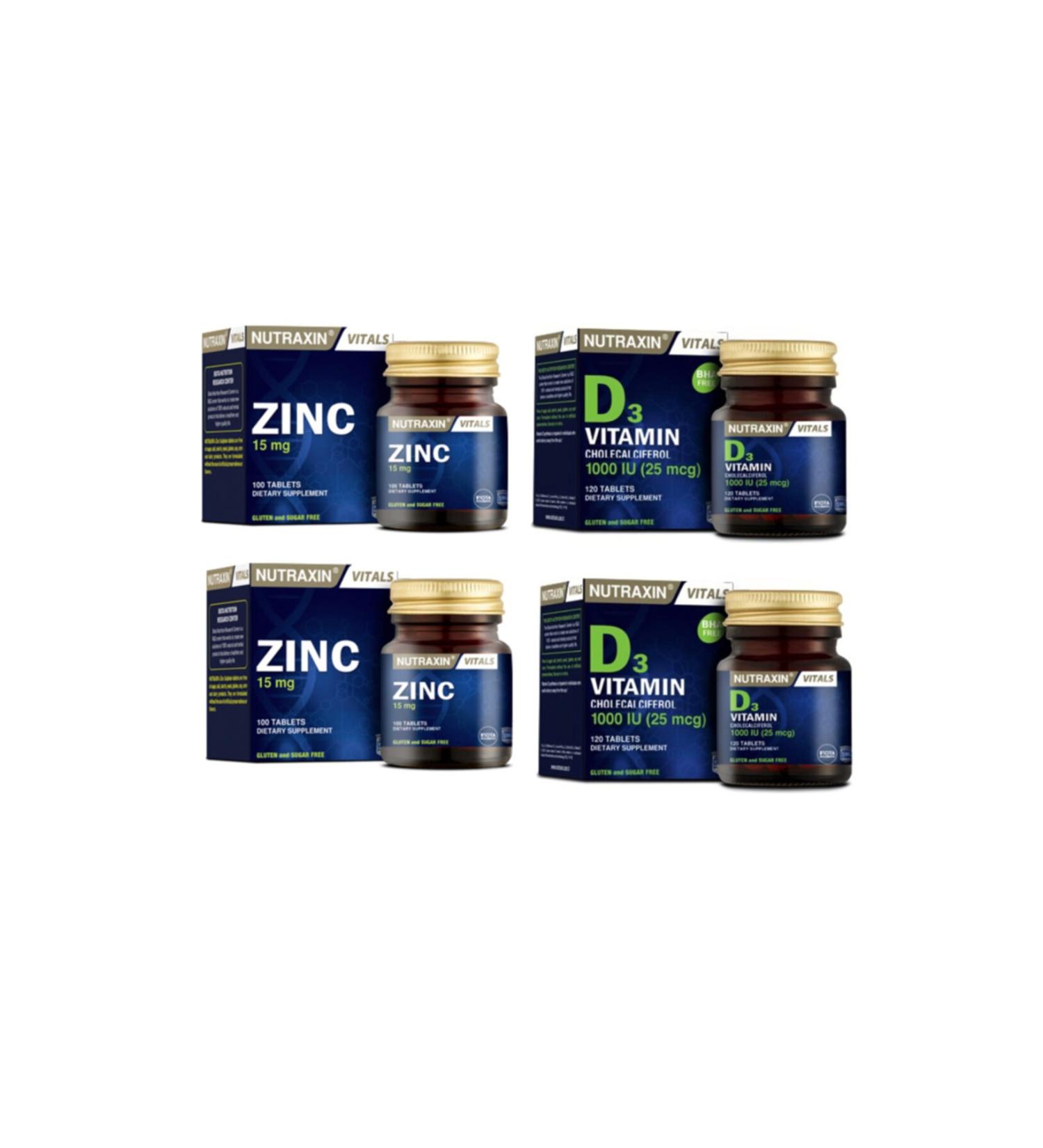 Nutraxin Vitamin D3 1000 Iu 120 Tablets X2 Pieces + Zinc Supplement 15 Mg 100 Tablets X2 Pieces
