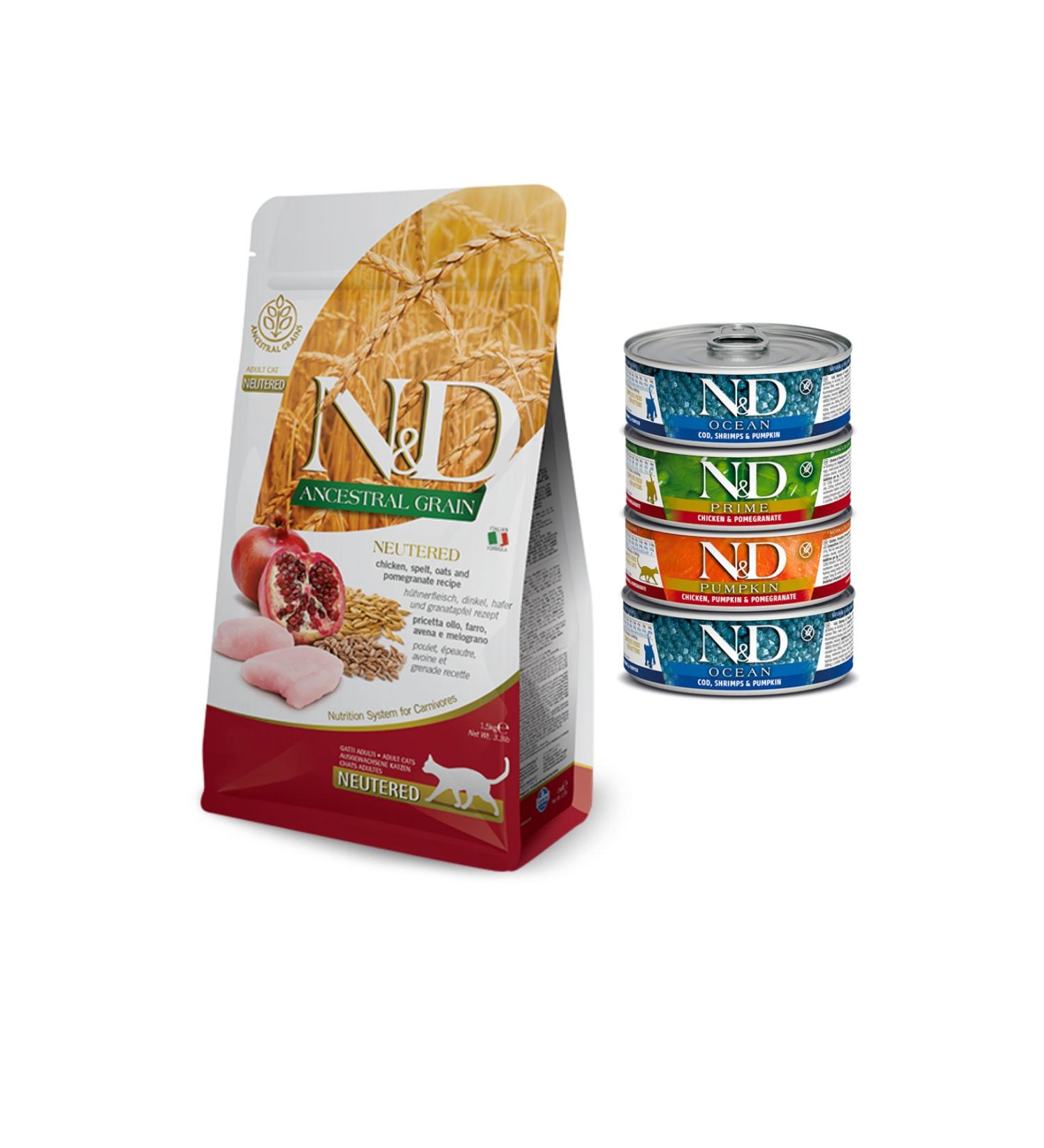 N & D Low Grain Chicken and Pomegranate Sterilized Cat Food 1.5 kg + 4 Nd Canned Wet Food 80 gr