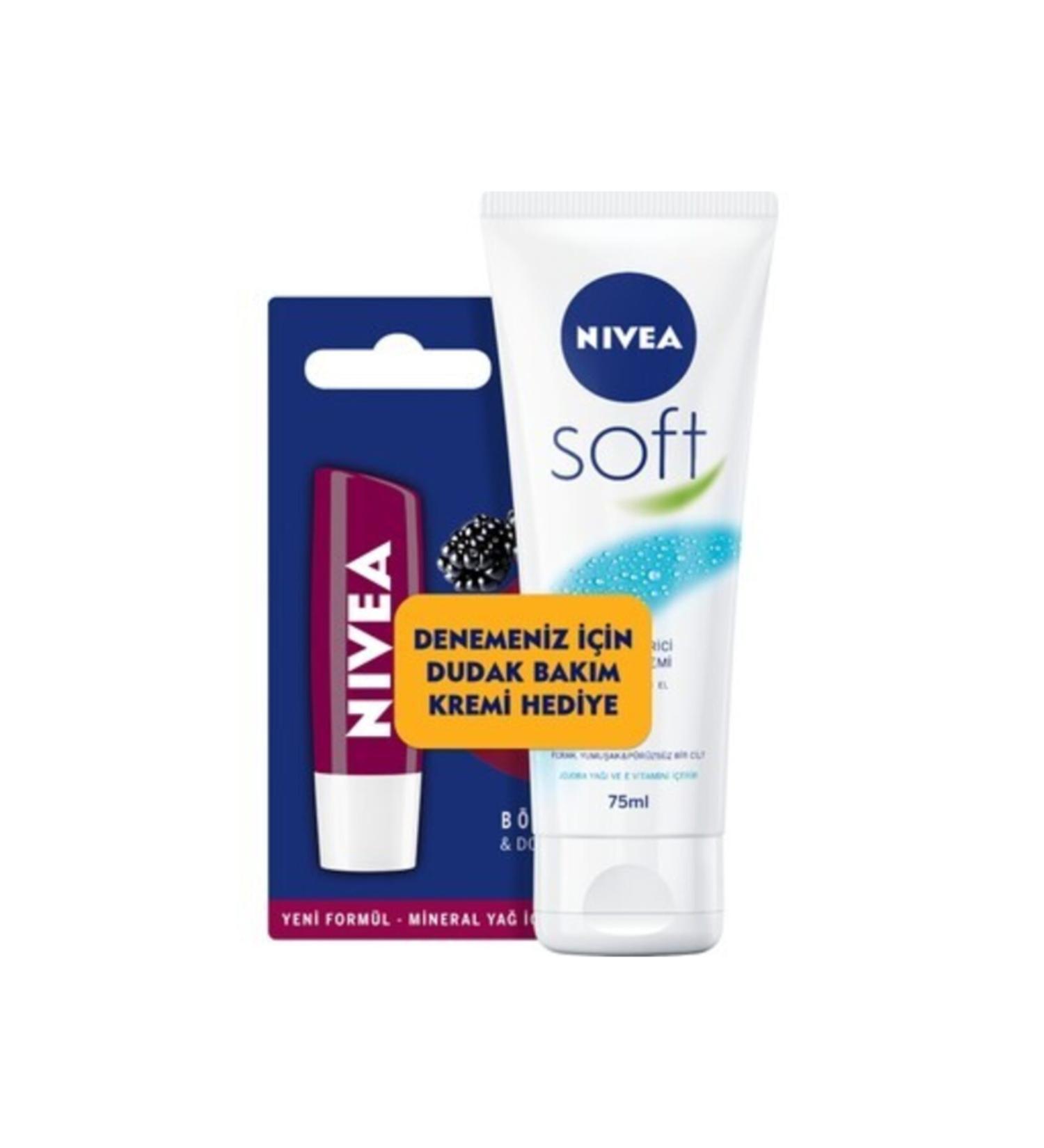 Buy NIVEA Soft Hand and Body Cream 75 ml and get Lip Care Blackberry Lip Care Cream 5.5 ml for free