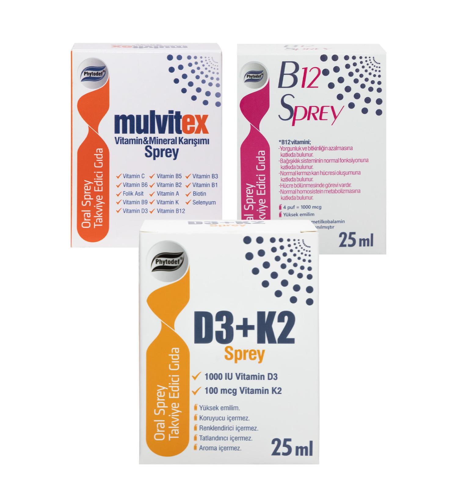Phytodef Vitamin D3 K2 Spray - 25 ml & Vitamin B12 Spray - 25 ml & Mulvitex Multivitamin Spray - 25 ml - Buy Online on GoSupps.com