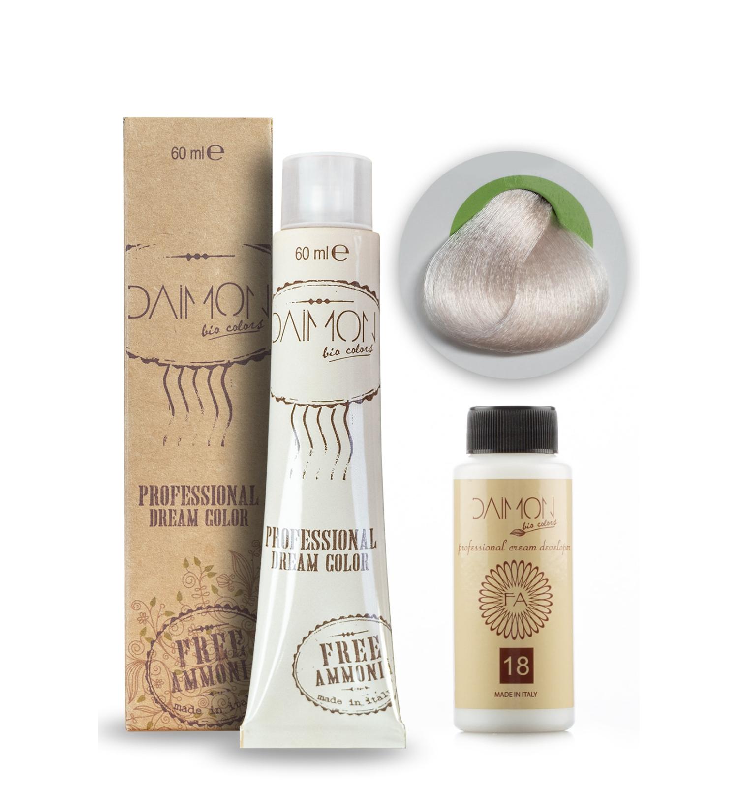DAIMON Ammonia Free (Fa) 12.80 Ultra Light Sandre Blonde Hair Dye + 60 Ml Ammonia Free Oxidant 18 Vol.