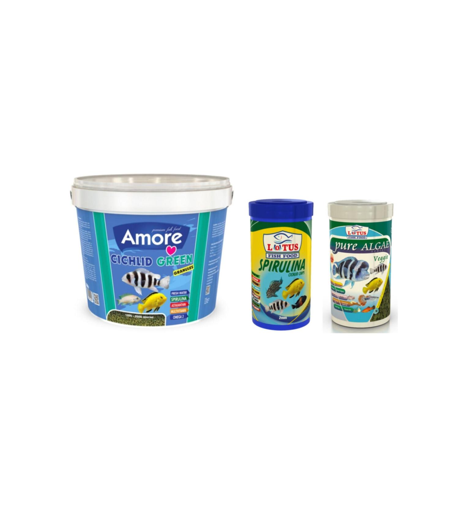 Lotus Amore Cichlid Green 3 Kg + Cichlid Spirulina 250 Ml + Pure Algae Veggie 250 Ml Fish Food