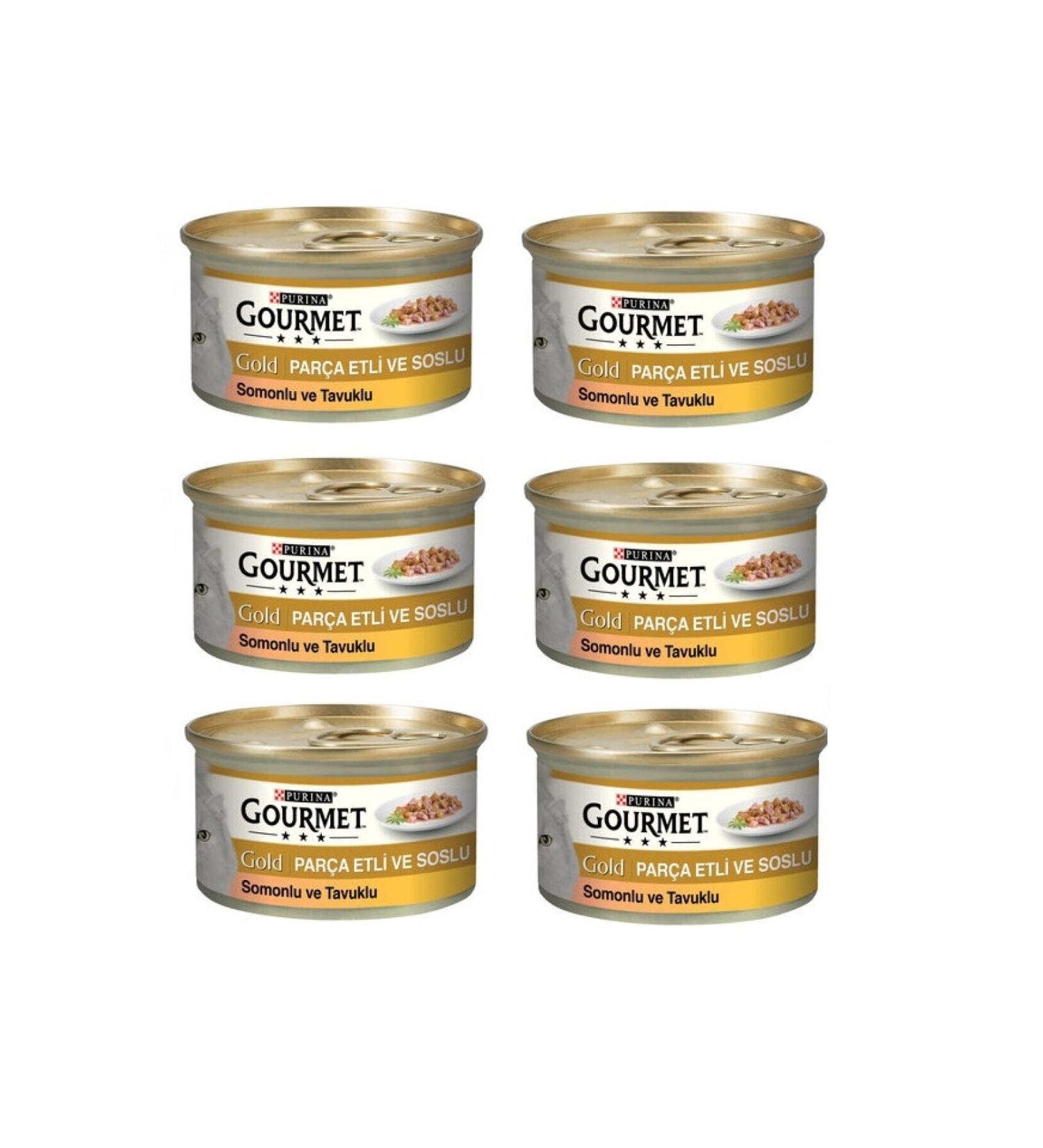 Gourmet Canned Cat Food with Pieces of Meat Salmon and Chicken 85 Gr. X 6 Pieces